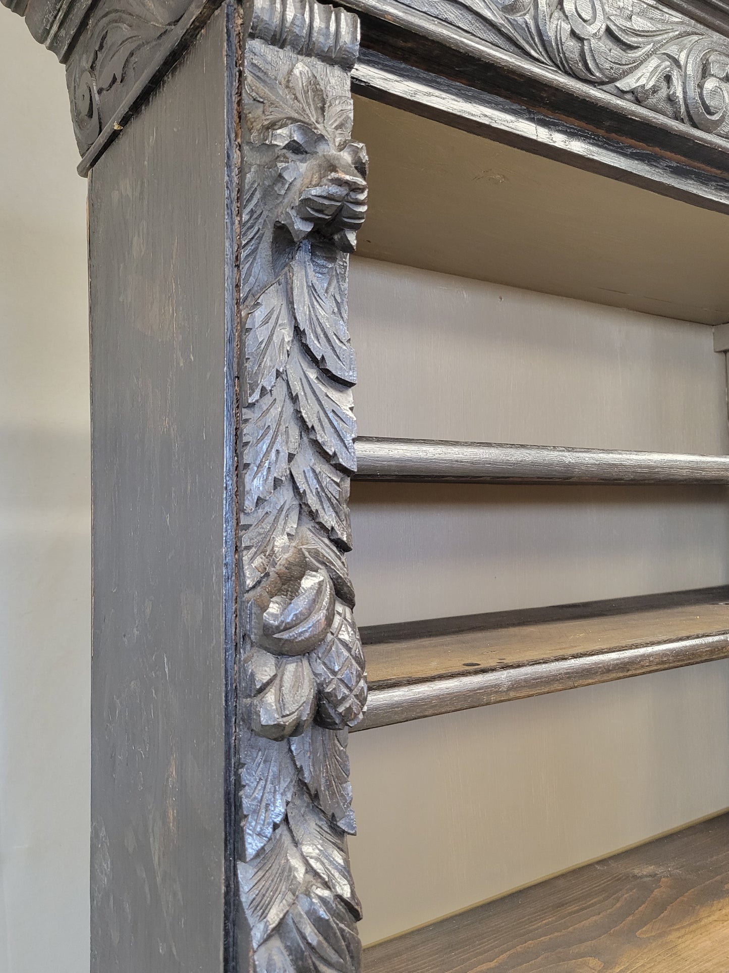 Vintage European Ebonized and Carved Oak Adjustable Shelf Bookcase
