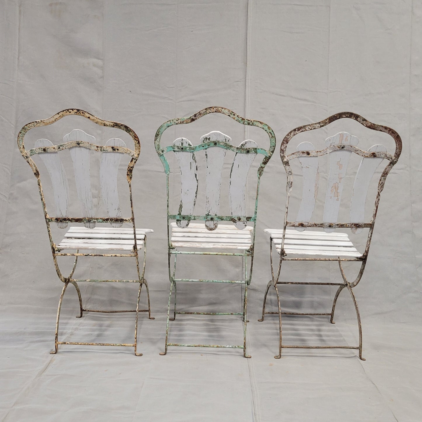 Antique French Iron and Wood Folding Bistro Garden Chairs - Set of 3