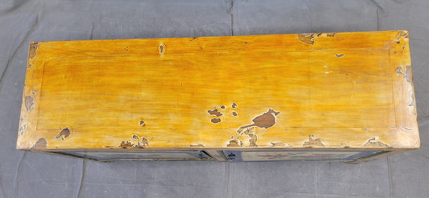 Vintage Chinese Distressed Lacquer Storage Cabinet Console With Floral Motif