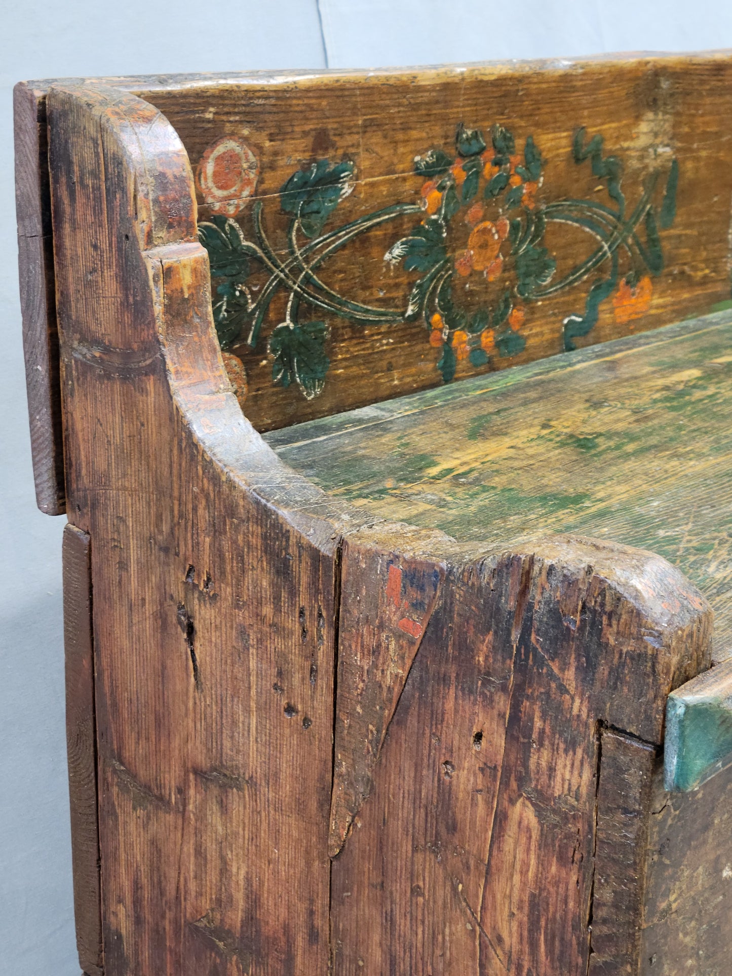 Antique Late 1800s Romanian Painted Pine Storage Bench