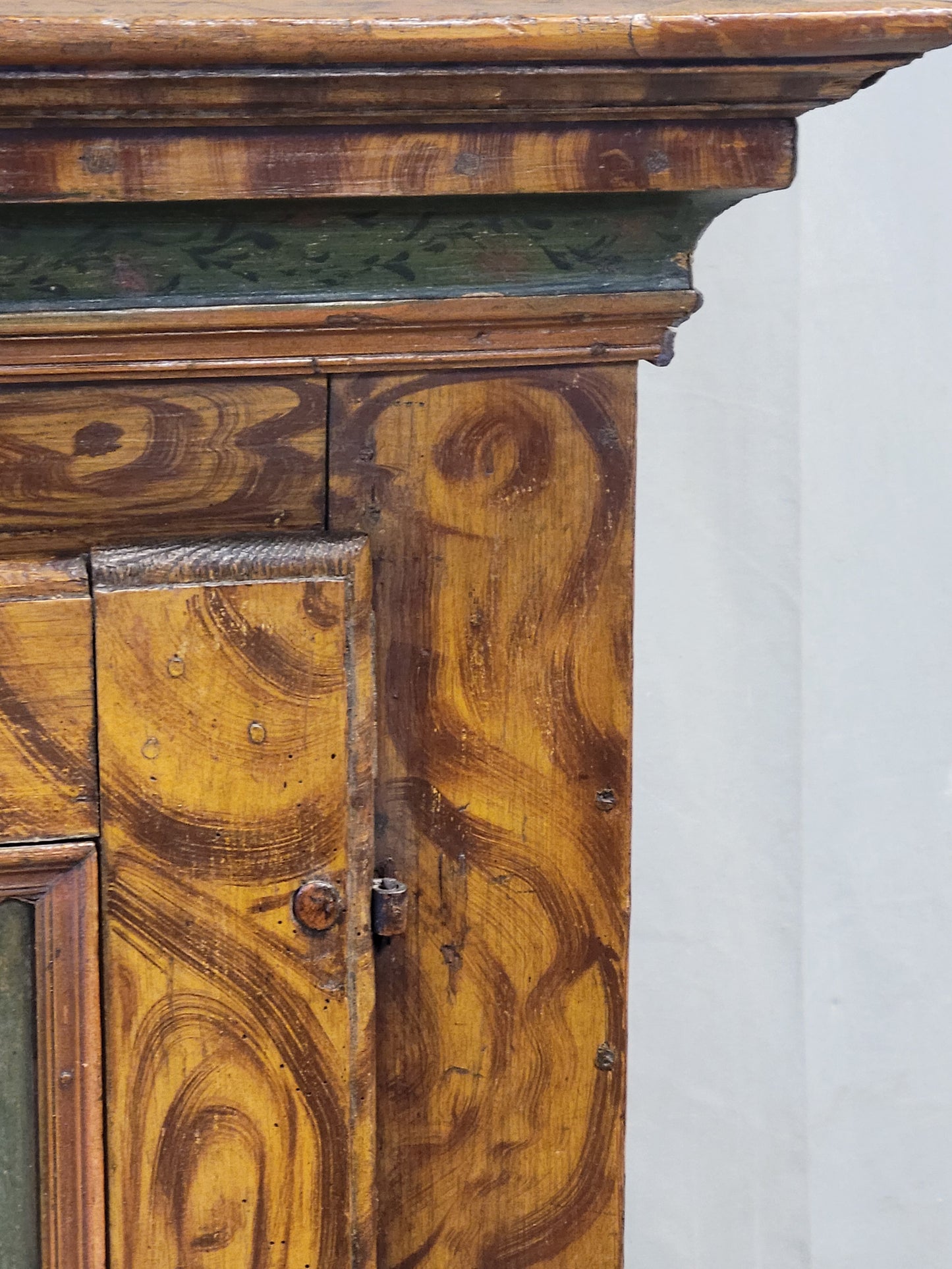 Antique 19th Century Austrian Pine Cupboard With Original Faux Bois Paint and Floral Accents