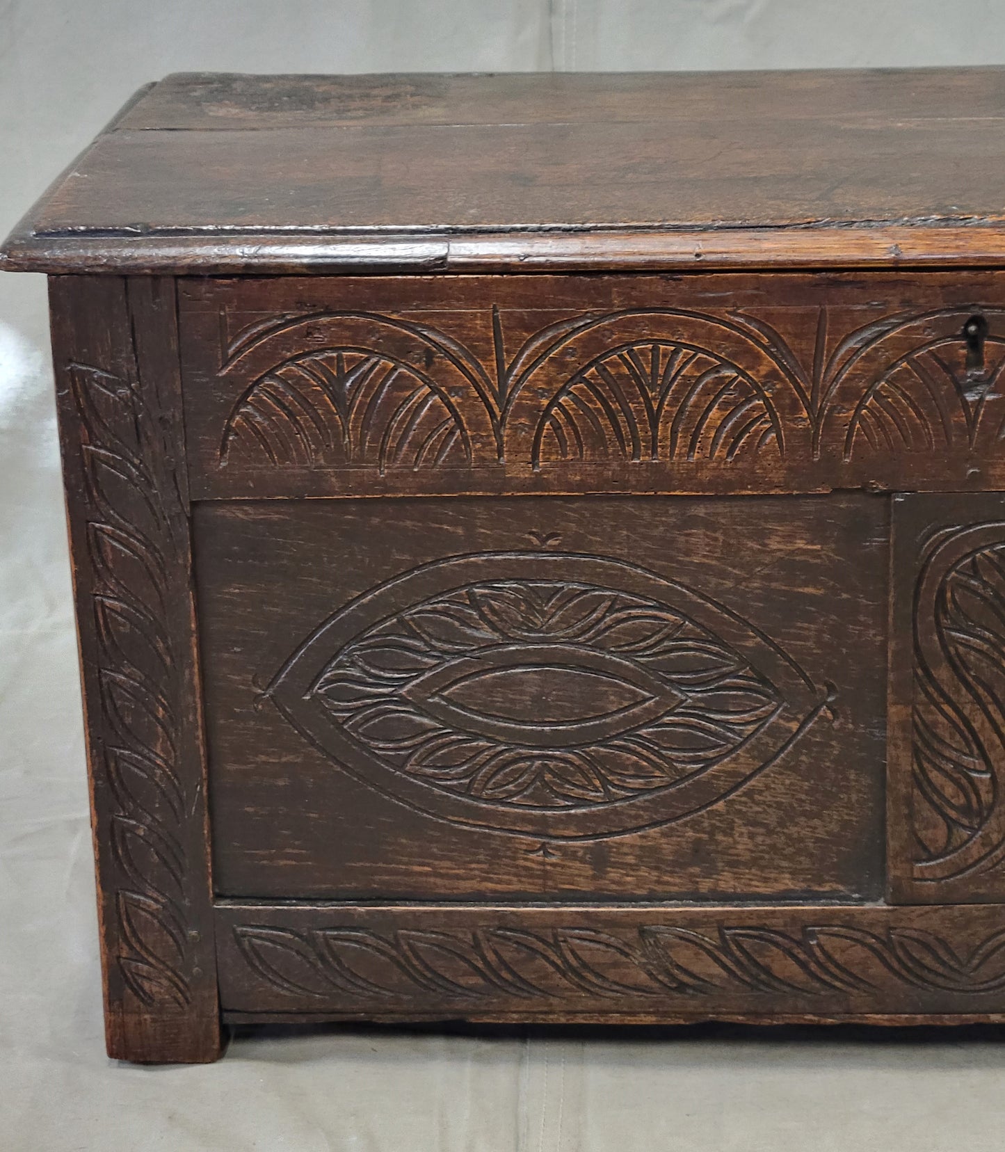 Antique 1800s English Carved Oak Coffer Storage Trunk Box