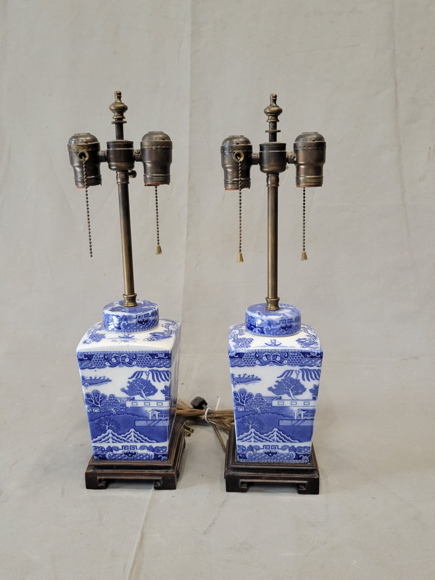 Vintage Blue Willow Lamps With Silk Lampshades - a Pair