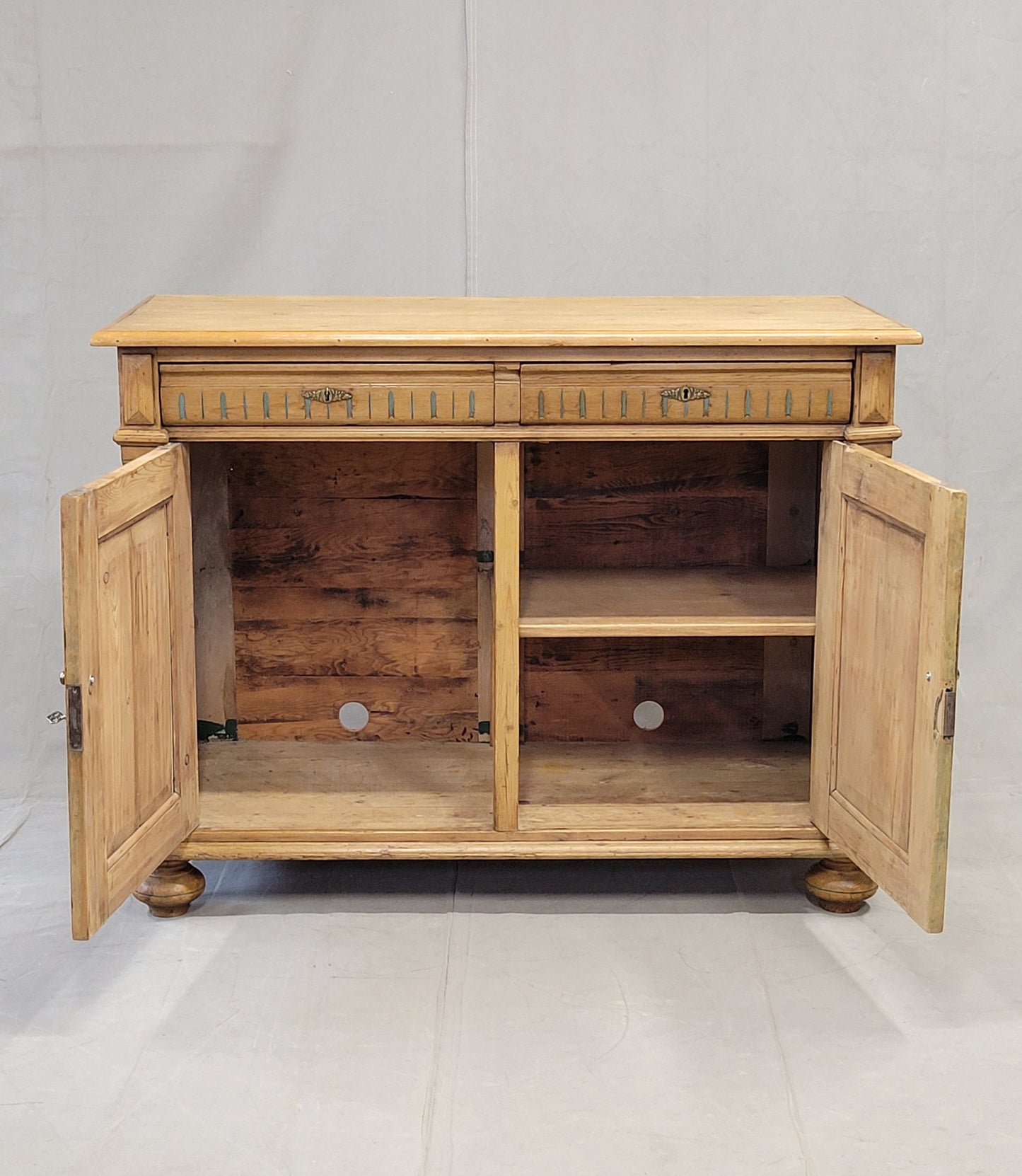 Antique Early 1900s German Pine Sideboard Buffet With Painted Carving