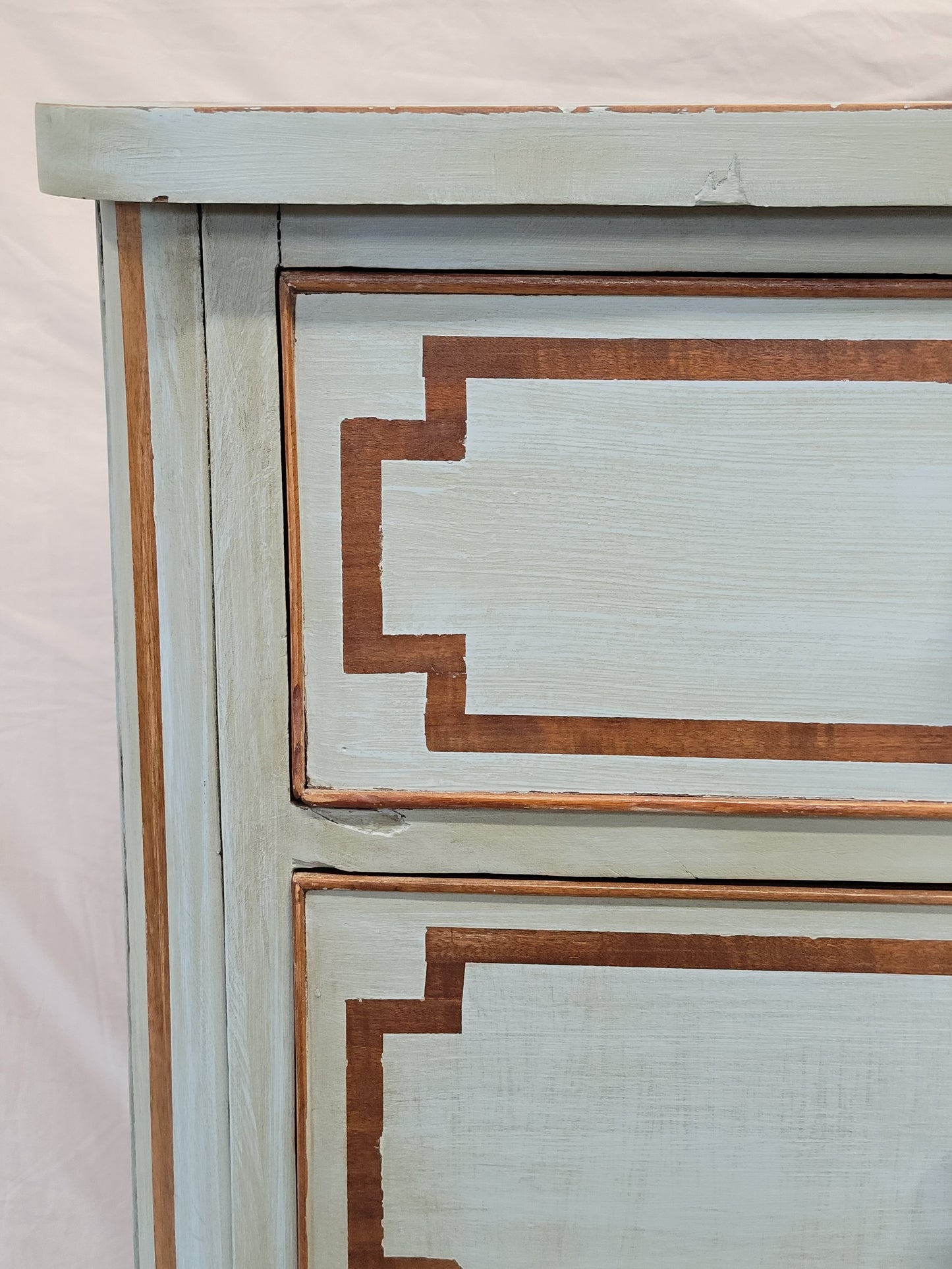 Antique English Blue Painted Dresser With Mahogany Pulls Inset With Mother-of-Pearl