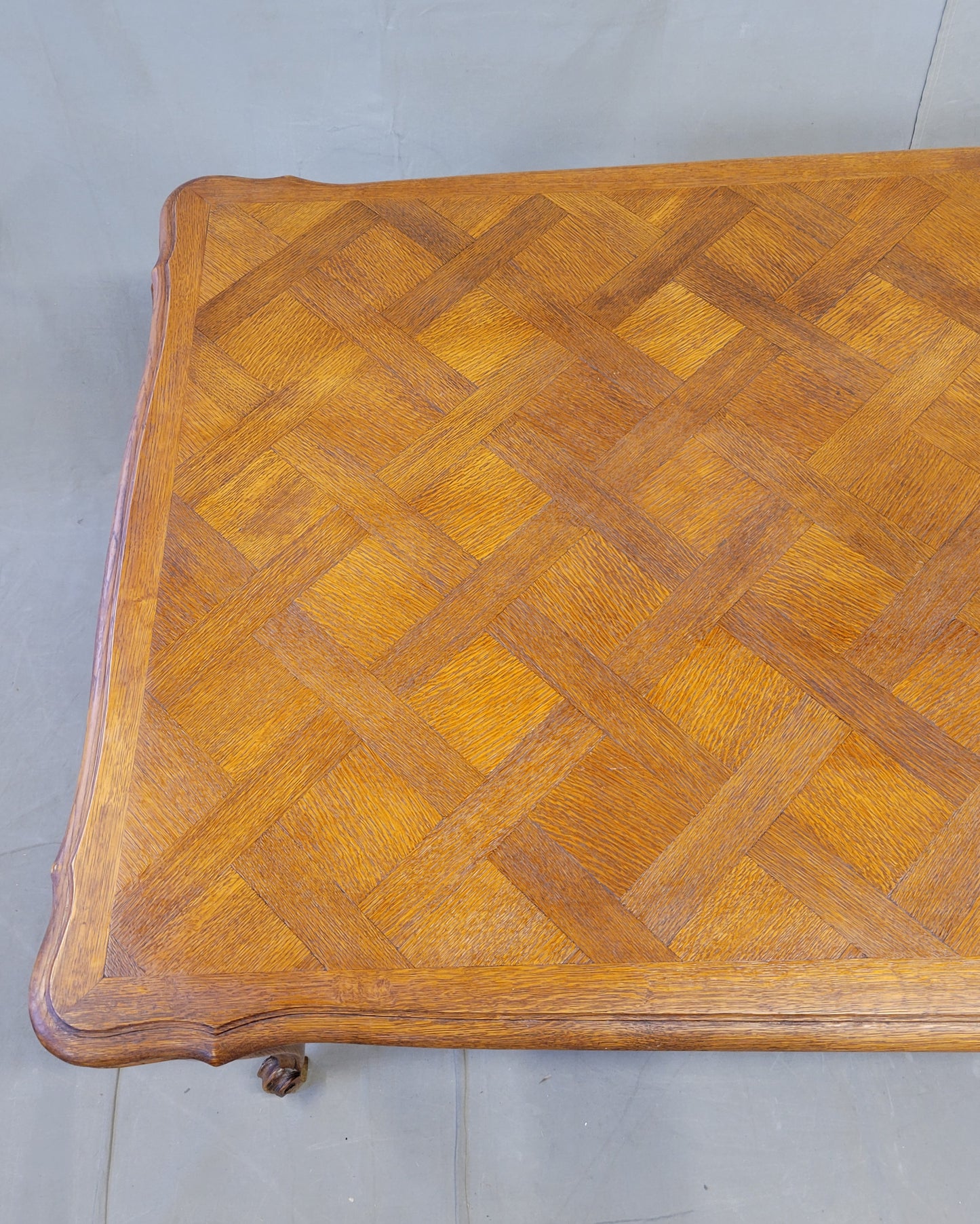 Vintage French Oak Parquet Top Draw Leaf Table