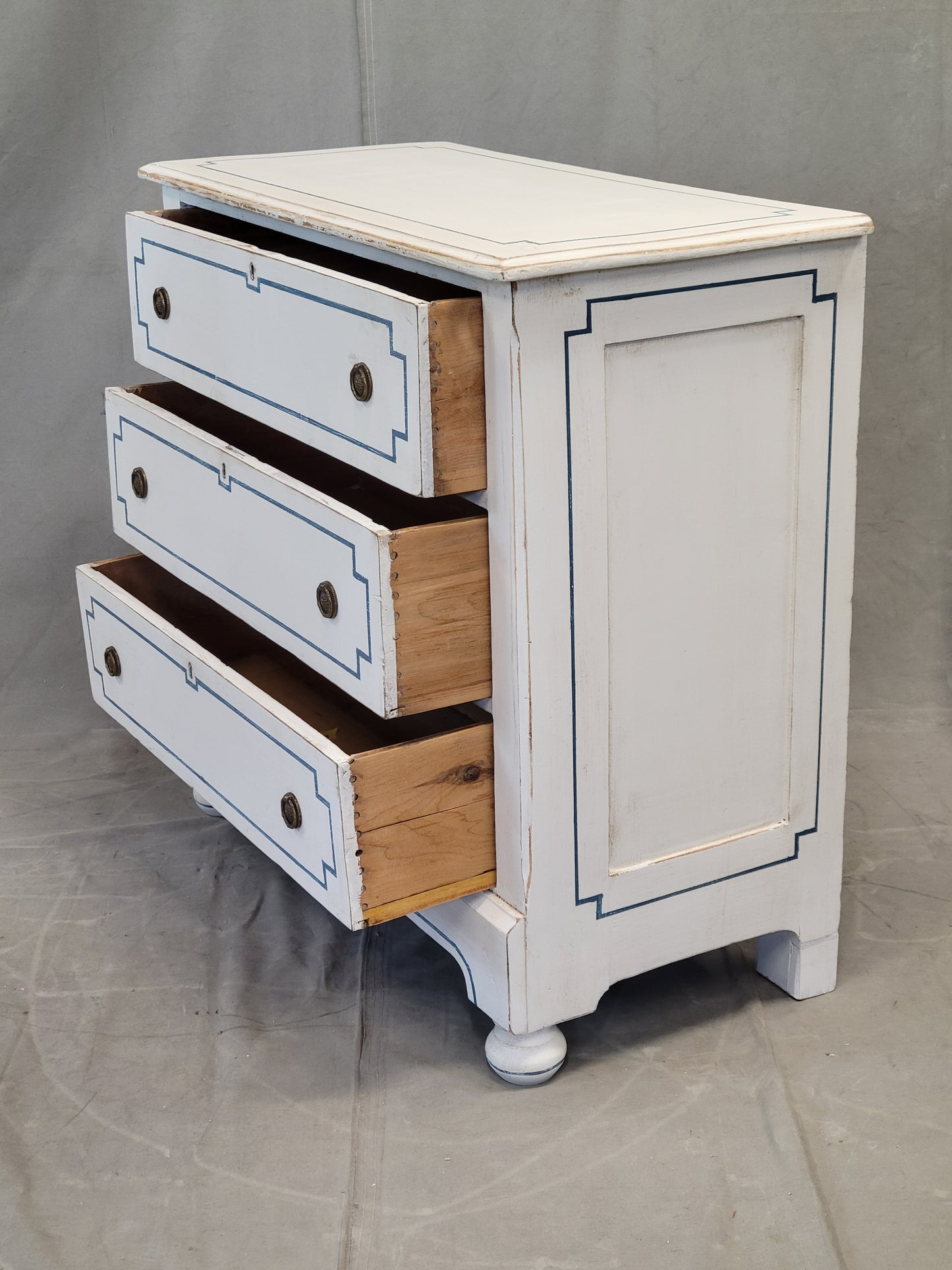 Pair of Antique 19th Century Pine Painted White Dressers With Blue French Line Motif