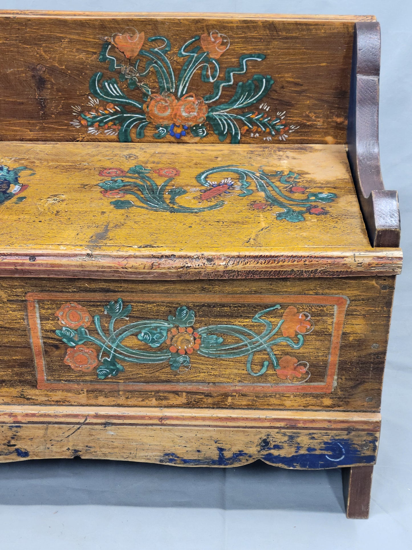 Antique Eastern European Hand Painted Pine Long Storage Bench