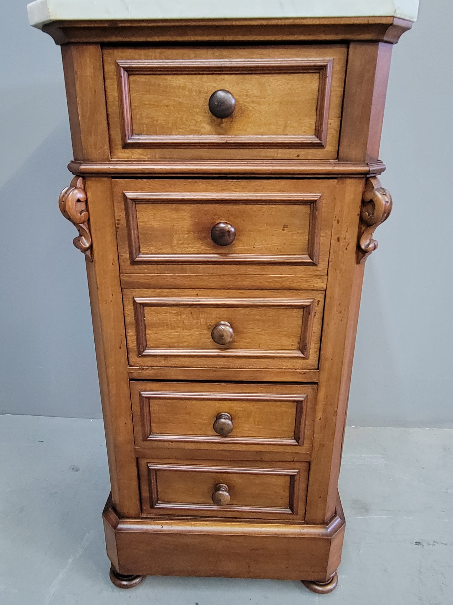 Antique 1860s English Mahogany and Carrera Marble Nightstand/Pot Cupboard With Drawers