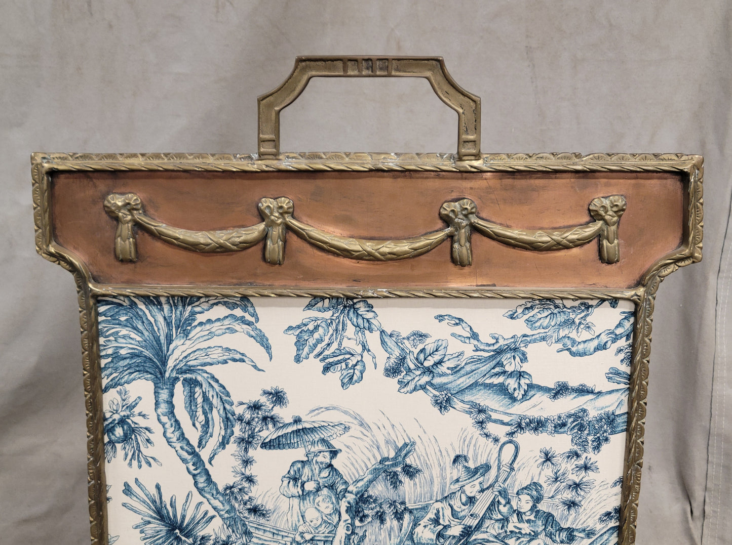 Antique 1920s Copper and Brass Firescreen With Schumacher Blue and White Asian Toile Inset