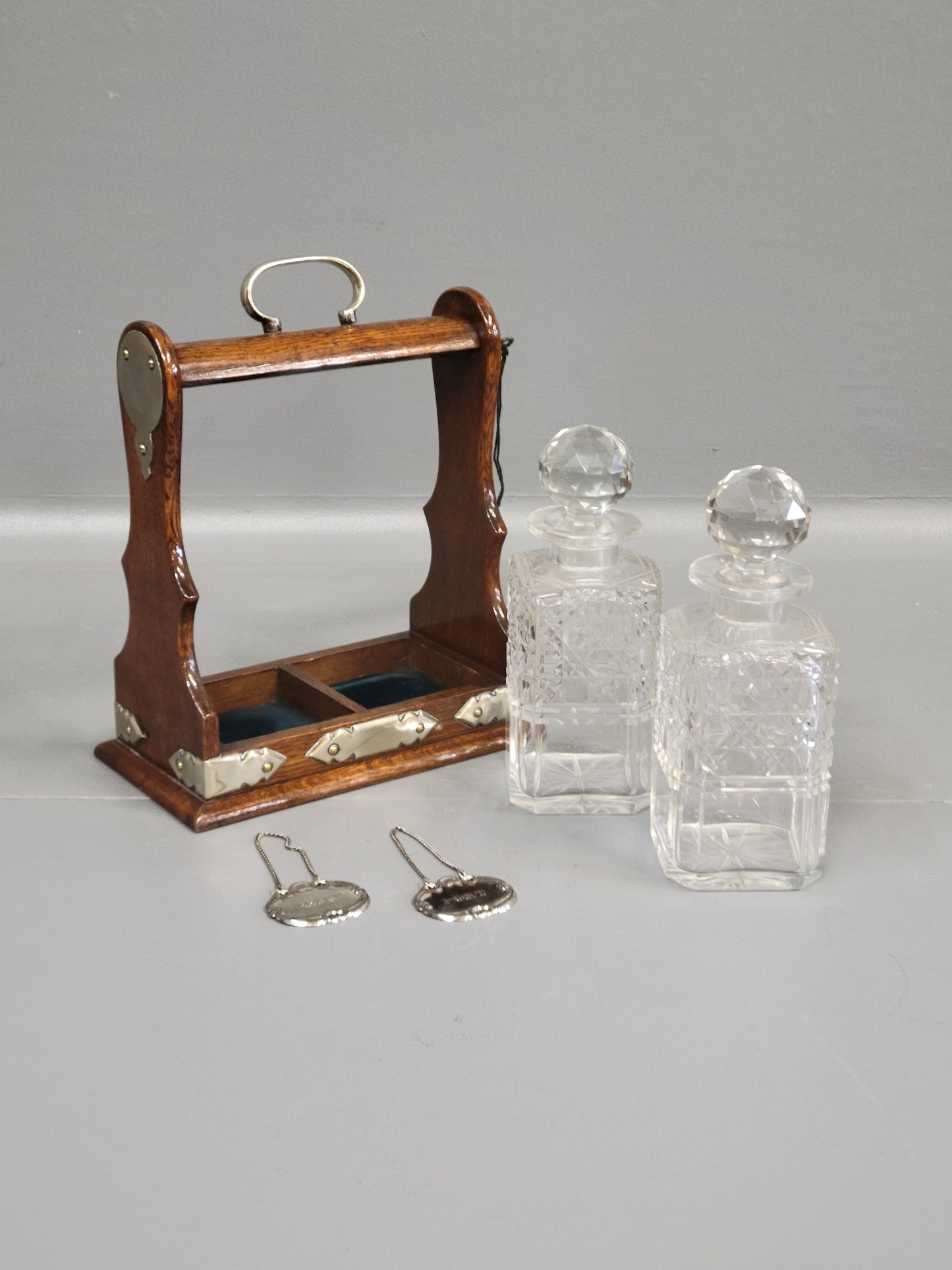 Antique Circa 1900 English Two Bottle Cut Crystal and Oak Tantalus