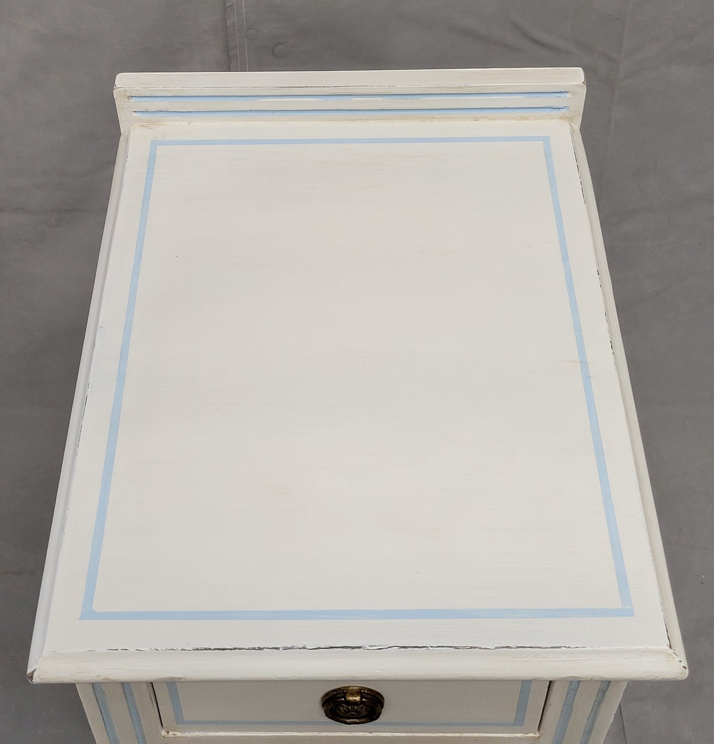 Vintage White Nightstands With Blue Striping - a Pair