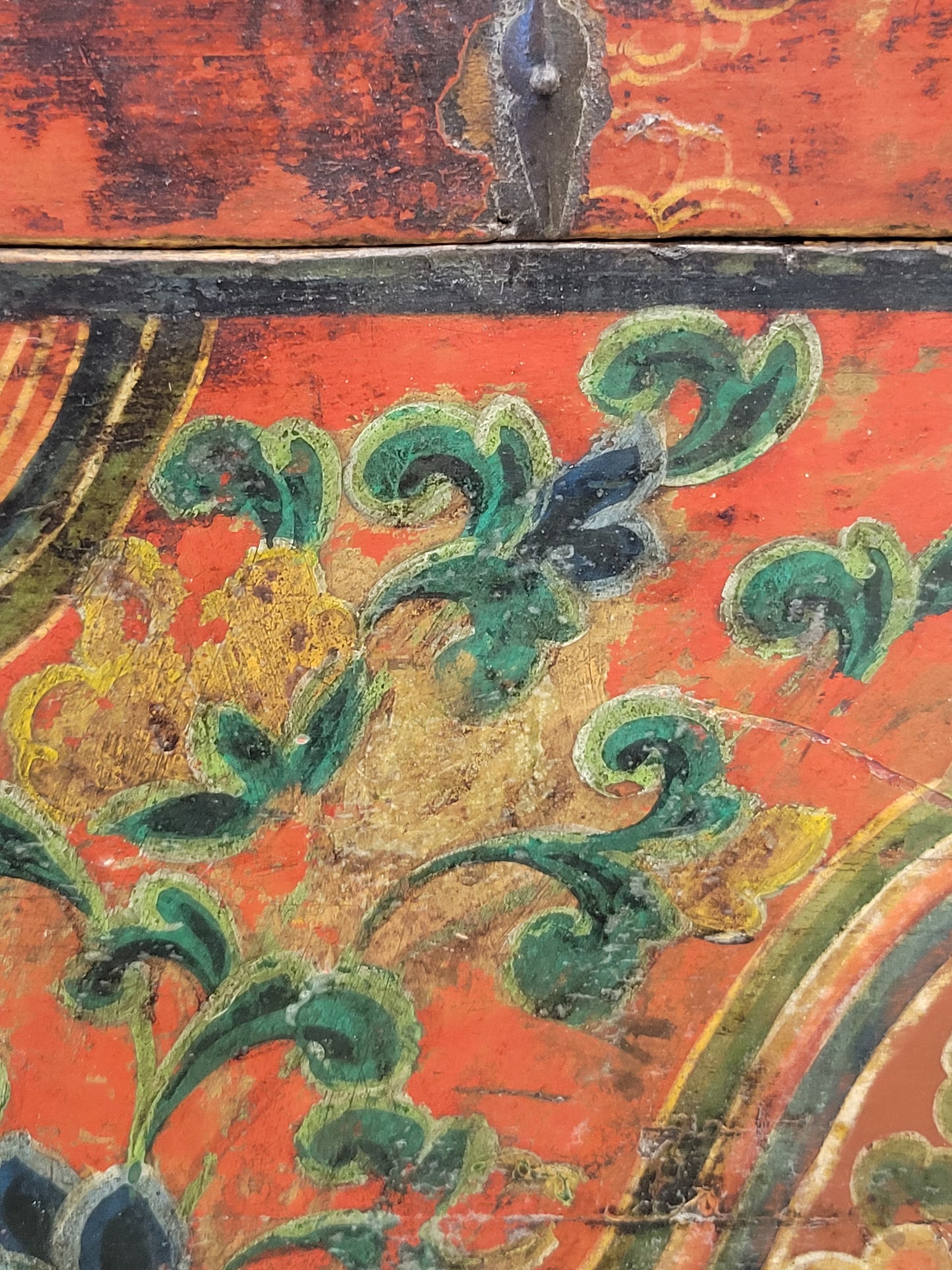 Antique Early 1900s Tibetan Trunk With Original Paint in Flaming Jewel Motif