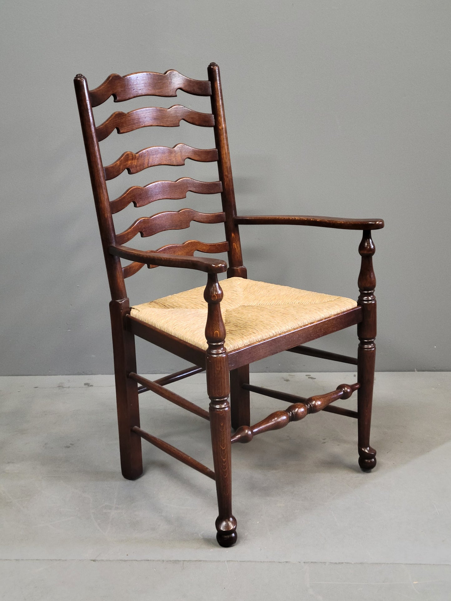 Vintage English Oak Ladderback Chairs With Rush Seats - Set of 8