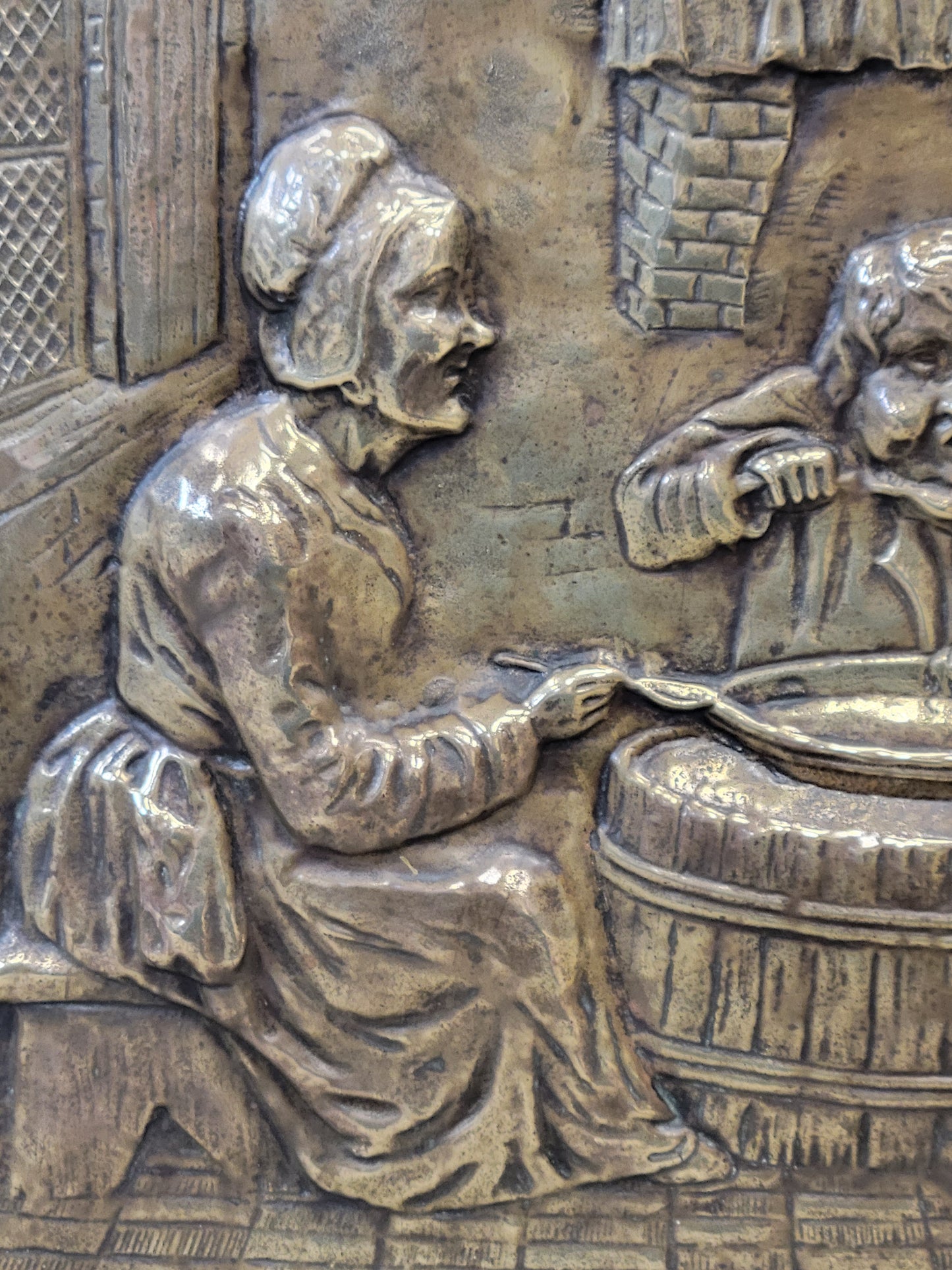 Antique French or Belgian Stamped Brass Fireplace Screen of Interior Scene