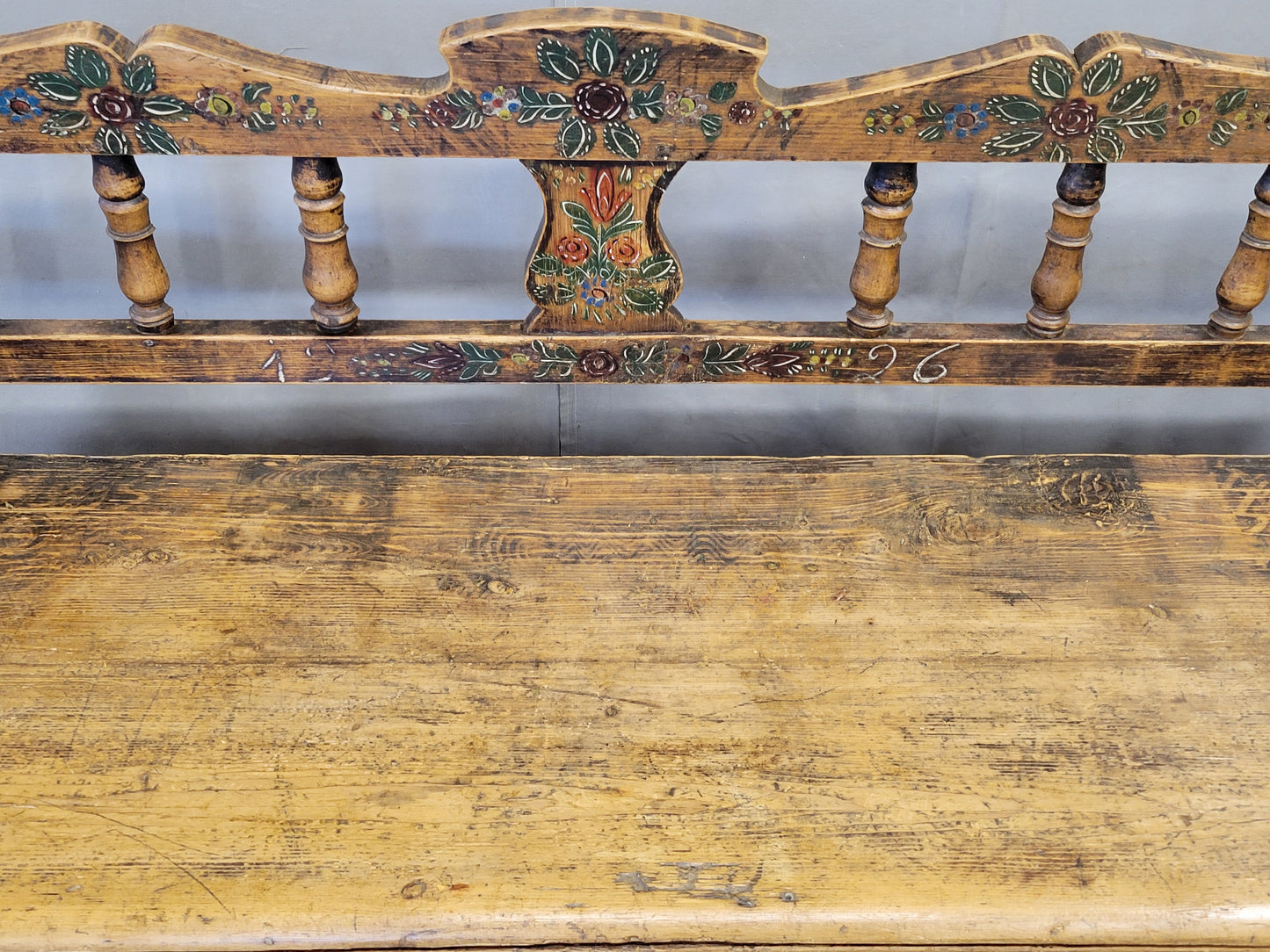 Antique 1926 Pine Eastern European Storage Bench with Original Paint