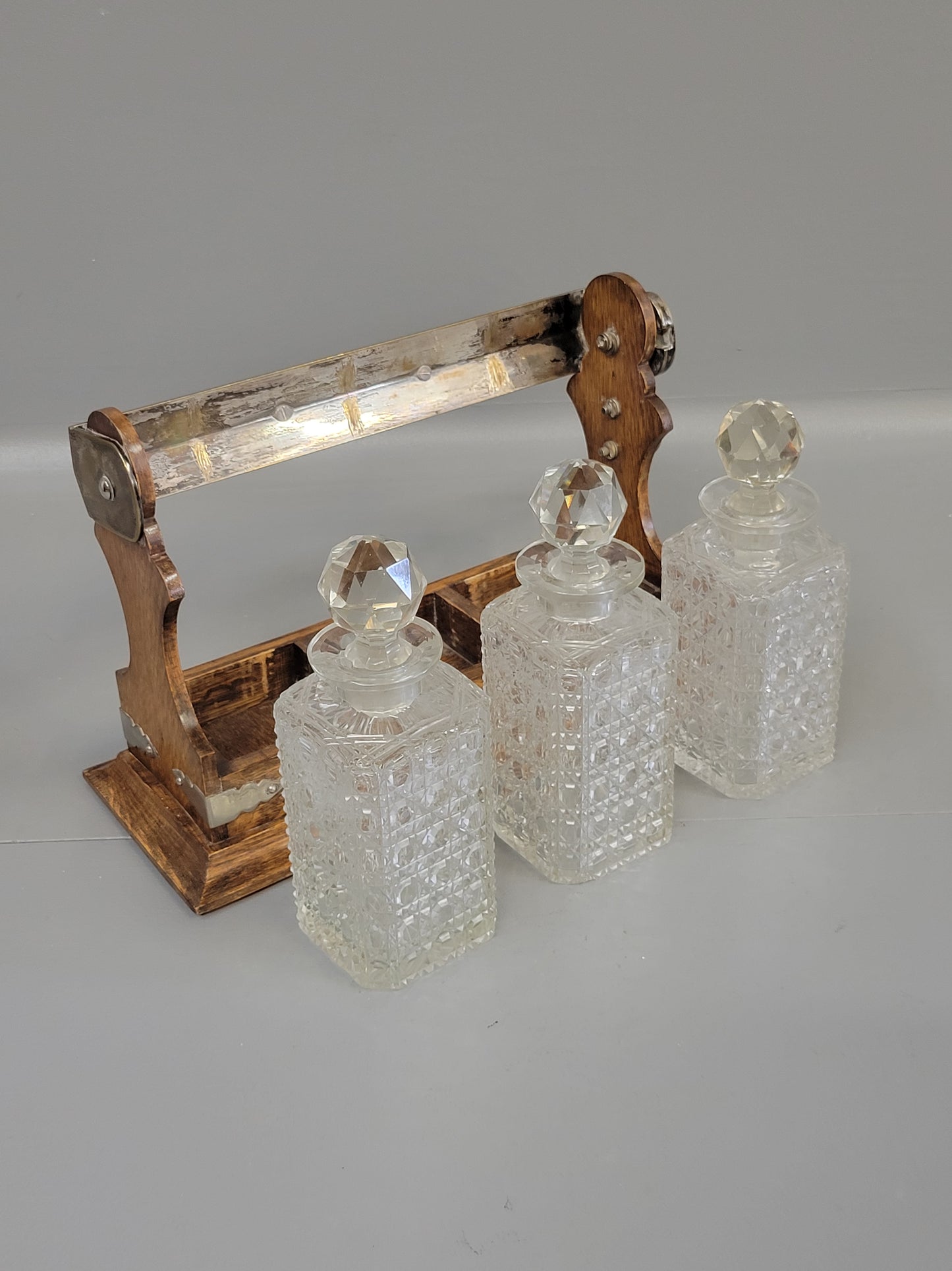 Antique Circa 1900 English Three Bottle Cut Crystal and Oak Tantalus