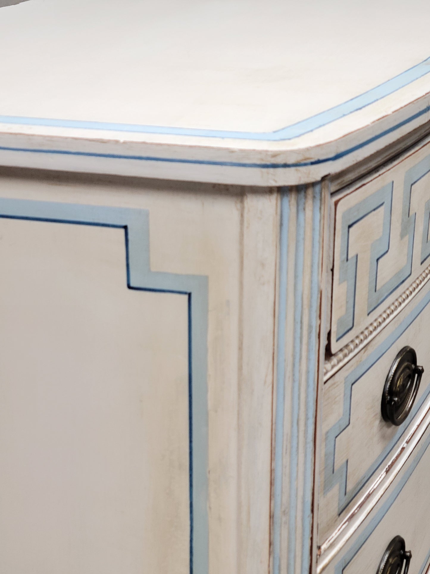 Vintage Painted Blue and White Trompe l'Oeil Bow Front Dresser With Greek Key Motif