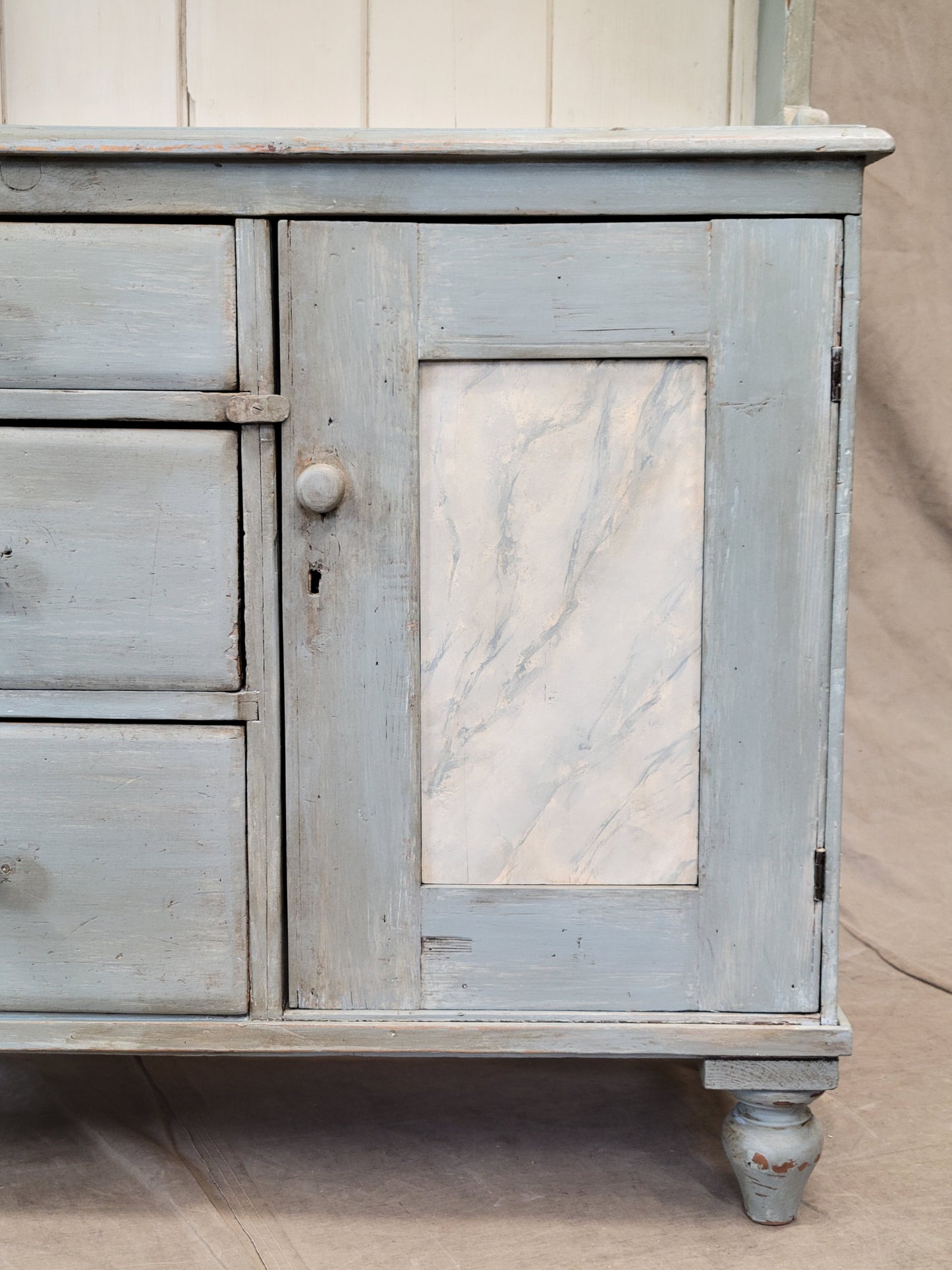 Antique Swedish Blue Faux Marble Painted Pine China Hutch