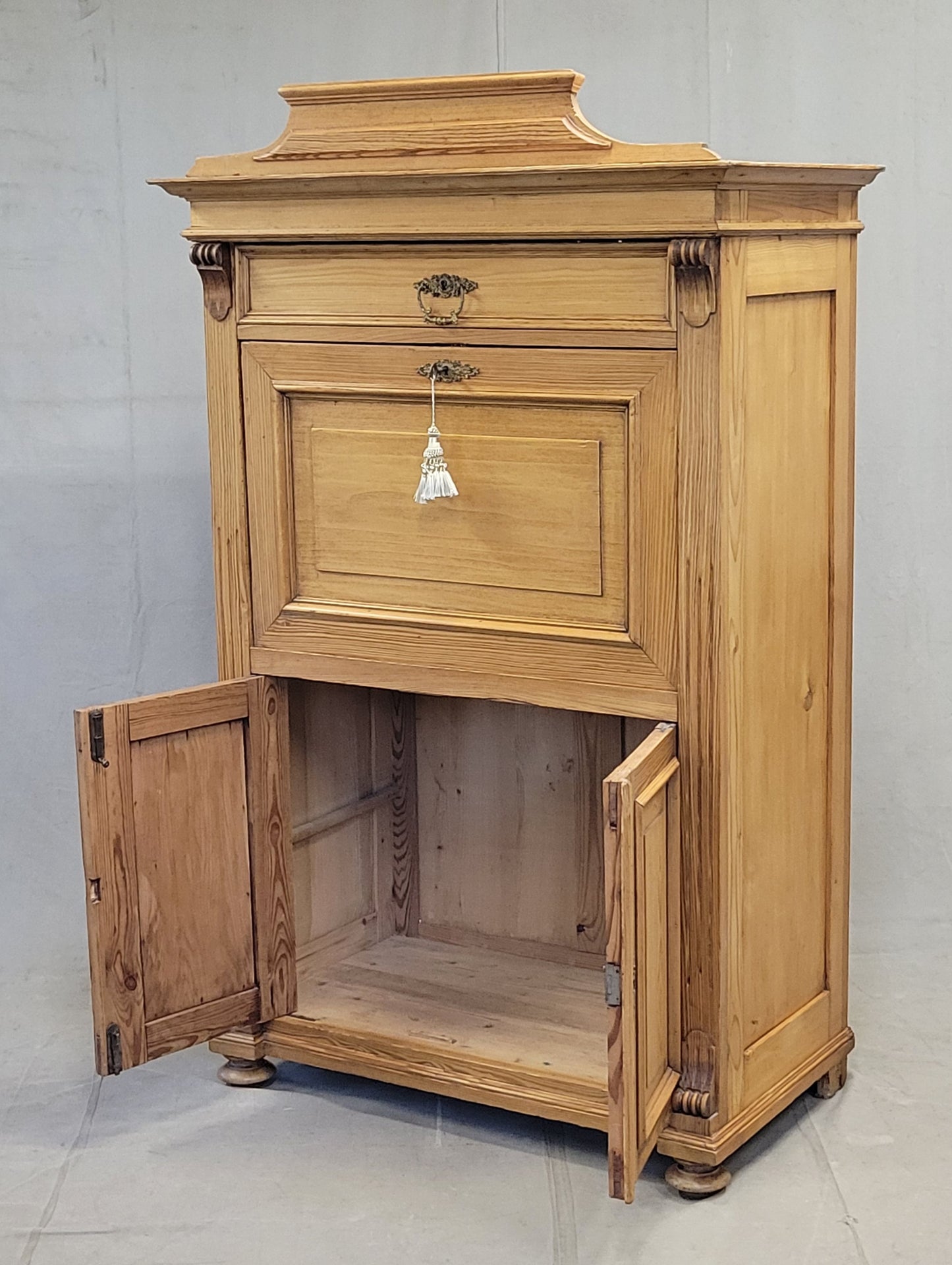 Antique Danish Biedermeier Pine Secretary Desk With Blue Leather