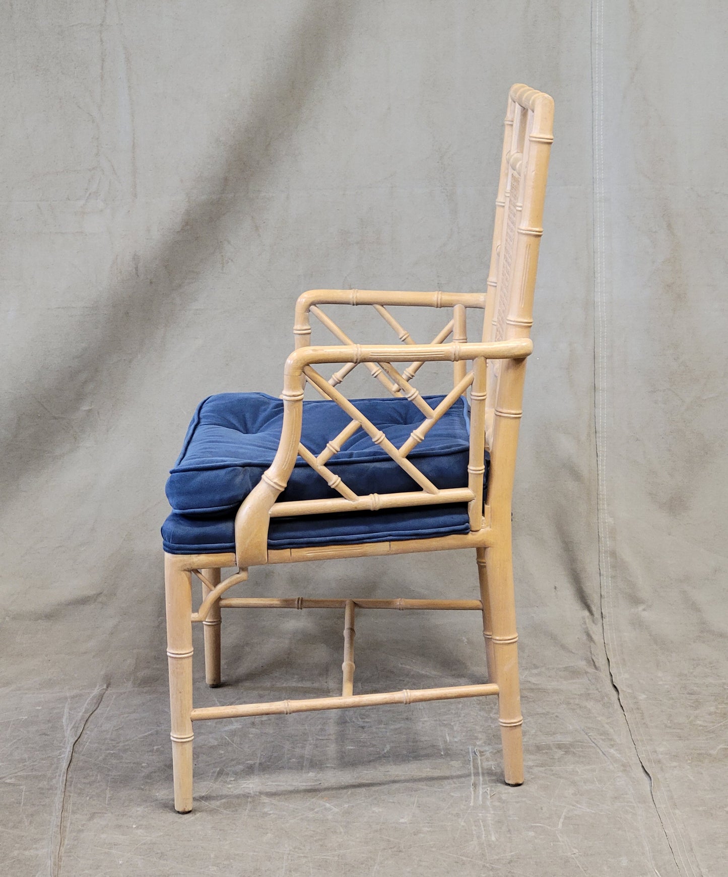 Vintage Faux Bamboo Chairs With Blue Cushions - a Pair