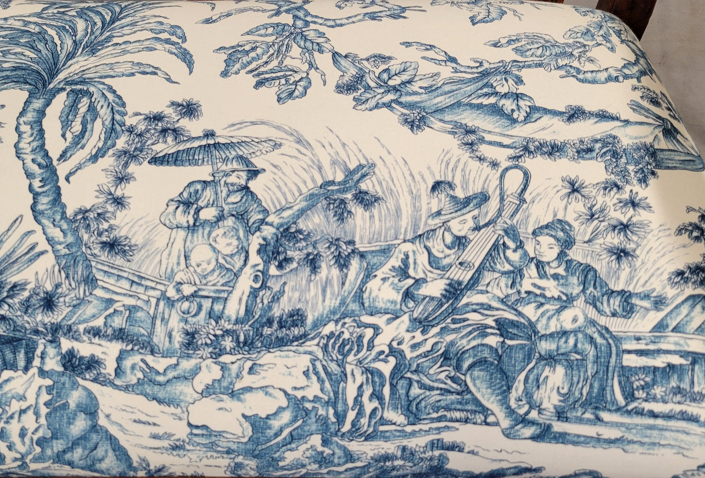Vintage Mahogany Chippendale Bench With Schumacher Chinoiserie Upholstery