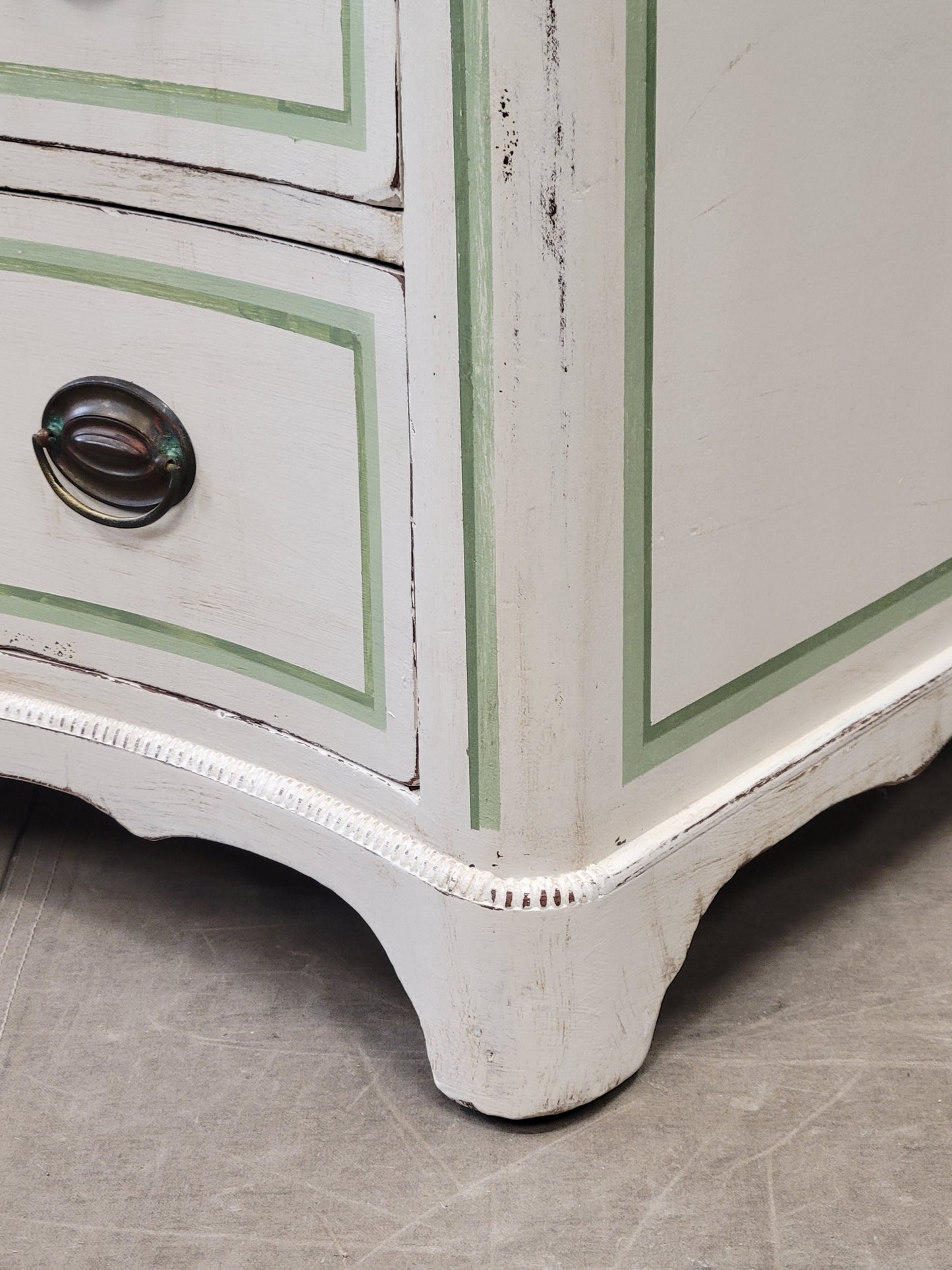 Antique Serpentine Front Dresser Painted White With Green French Line Motif