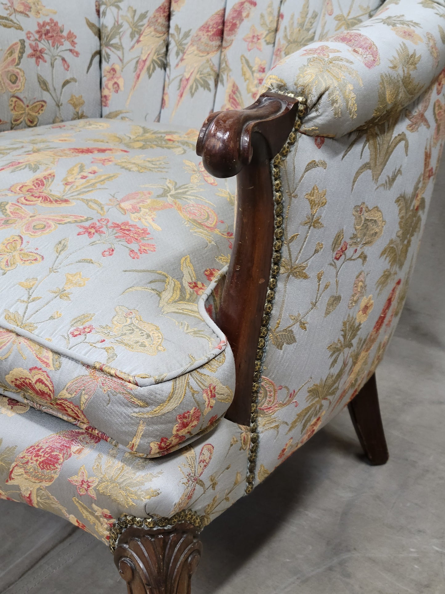 Vintage 1930s Art Deco Fan Back Bergere Chair With Kravet Parrot and Butterfly Damask Fabric