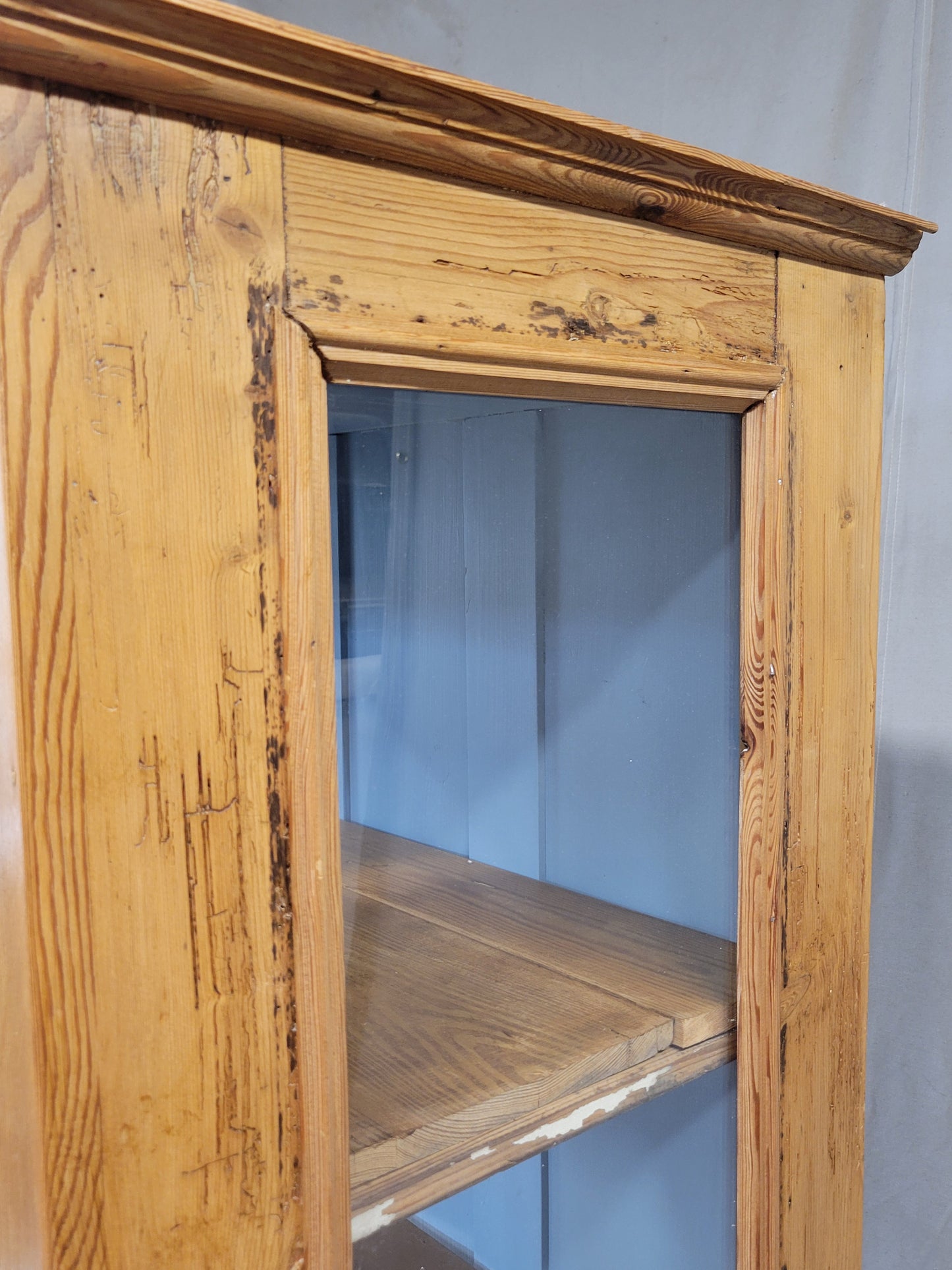 Antique German Pine Display Cabinet With Painted Blue Interior