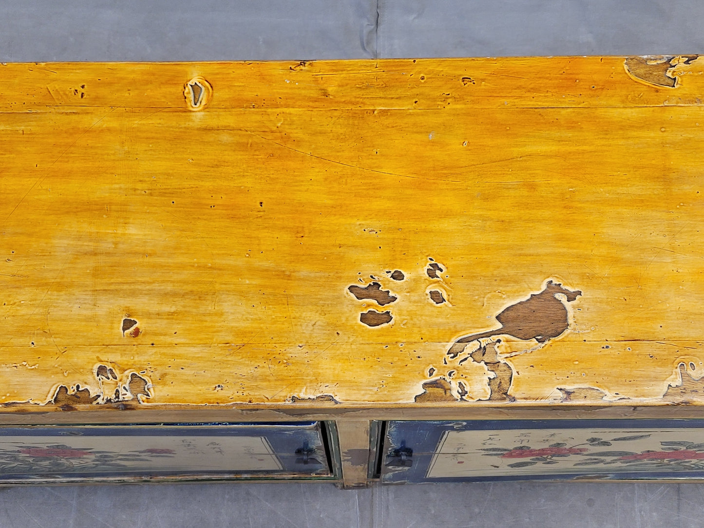 Vintage Chinese Distressed Lacquer Storage Cabinet Console With Floral Motif