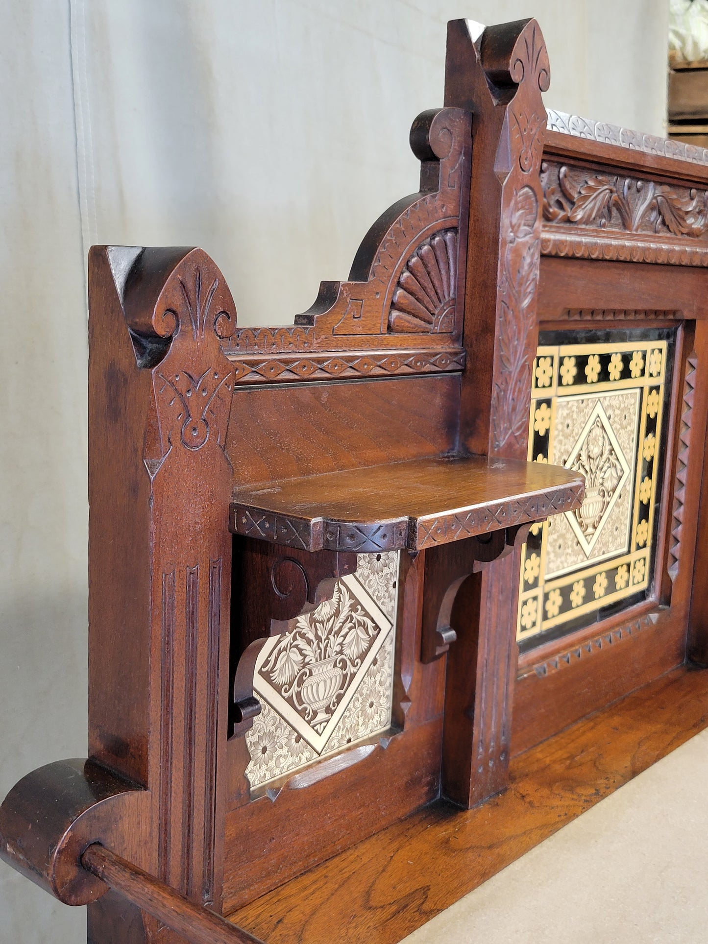 Antique English Aesthetic Movement Walnut, Marble and Minton Tile Sideboard