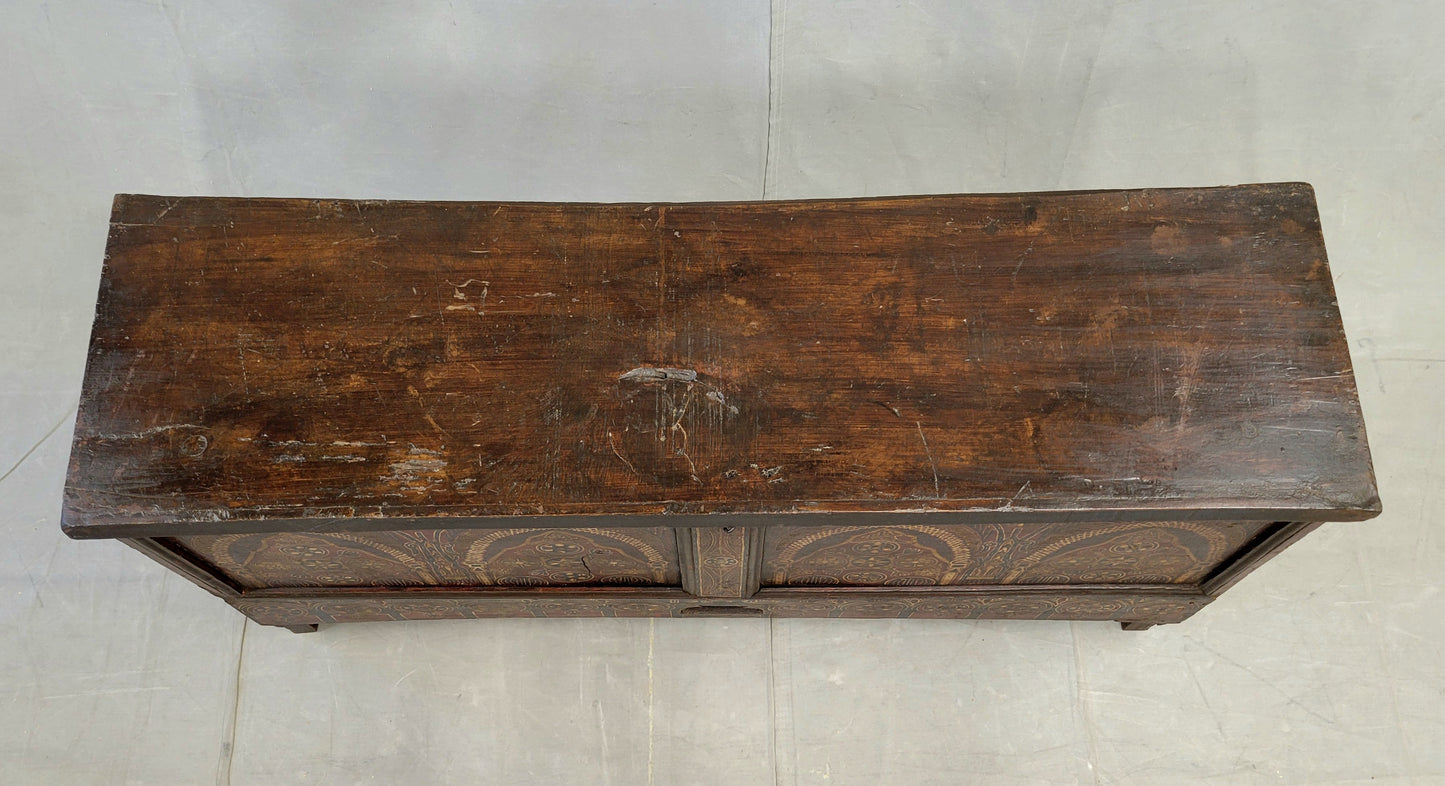 Vintage Berber Moroccan Trunk With Handpainted Arched Designwork, Signed