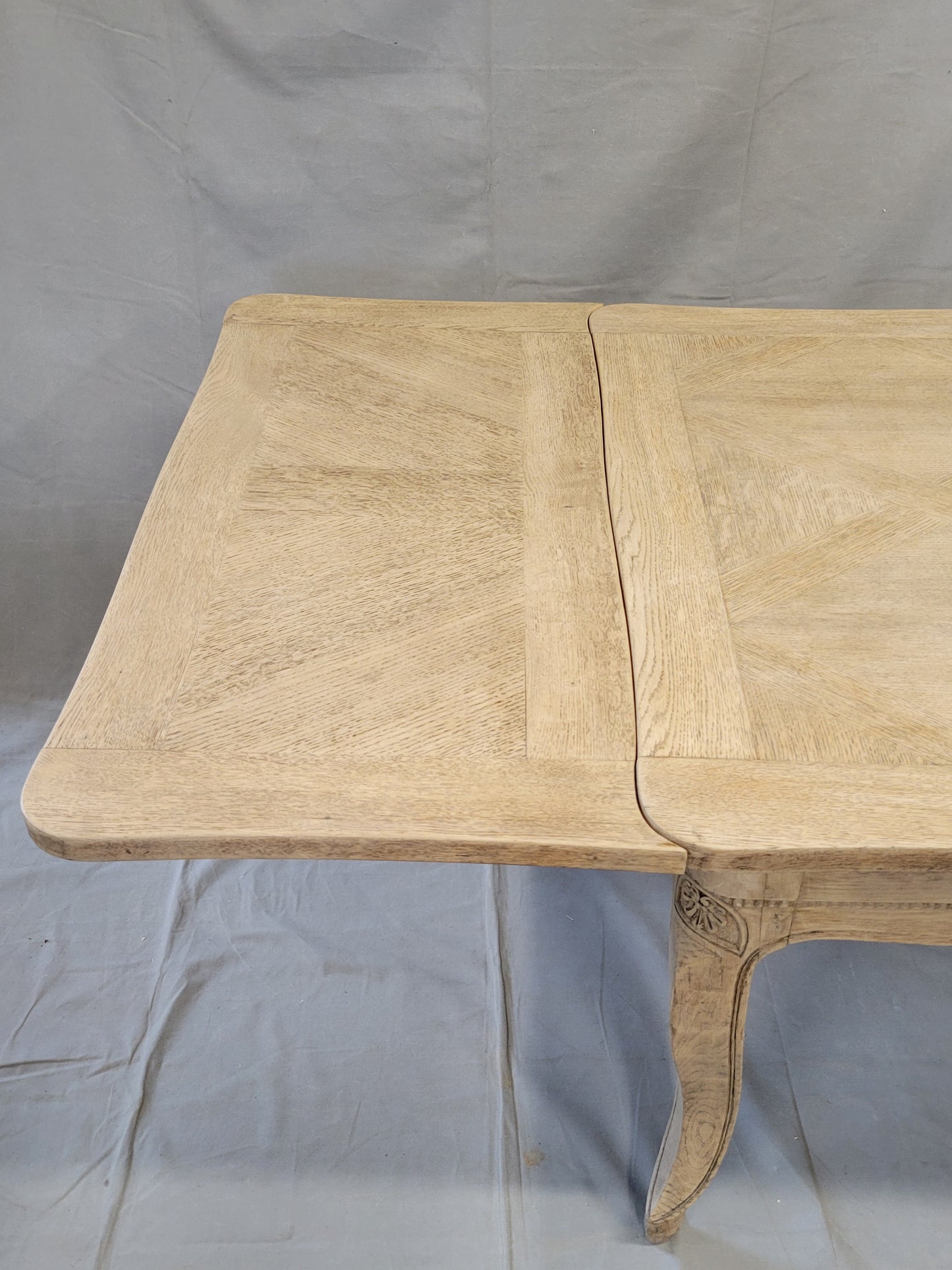 Antique 1920s French Bleached Oak Parquet Top Draw Leaf Table