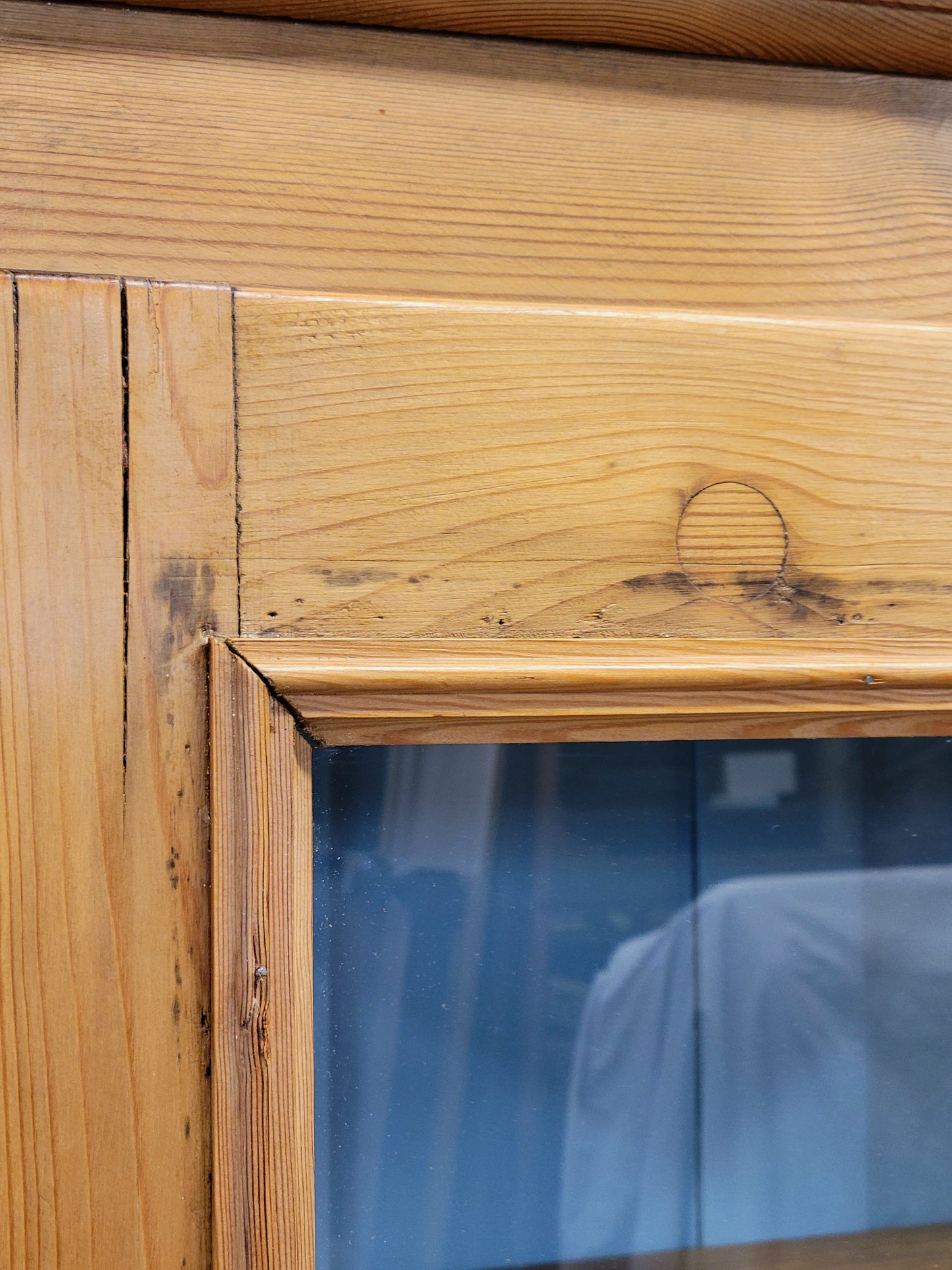 Antique German Pine Display Cabinet With Painted Blue Interior