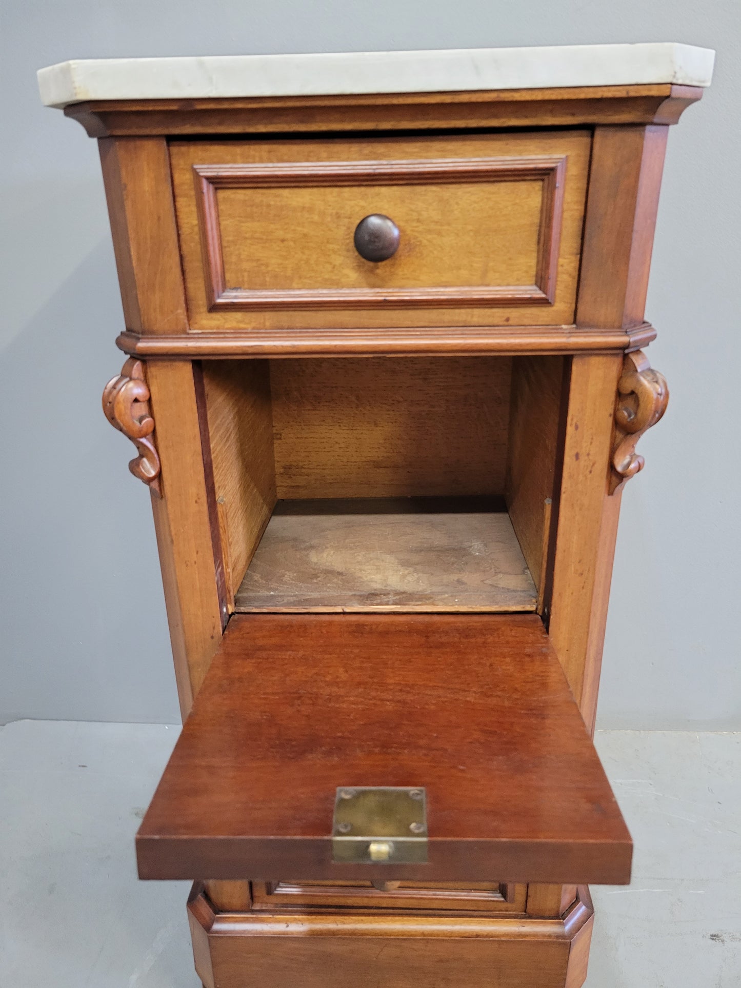 Antique 1860s English Mahogany and Carrera Marble Nightstand/Pot Cupboard With Drawers