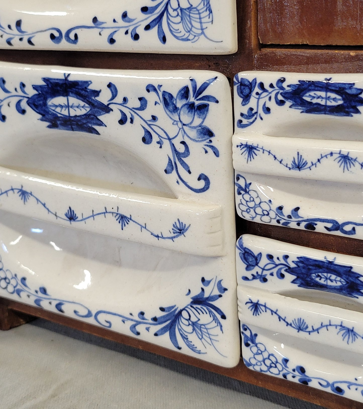 Vintage Dutch Spice Cabinet With 'Blue Onion' Ceramic Inserts