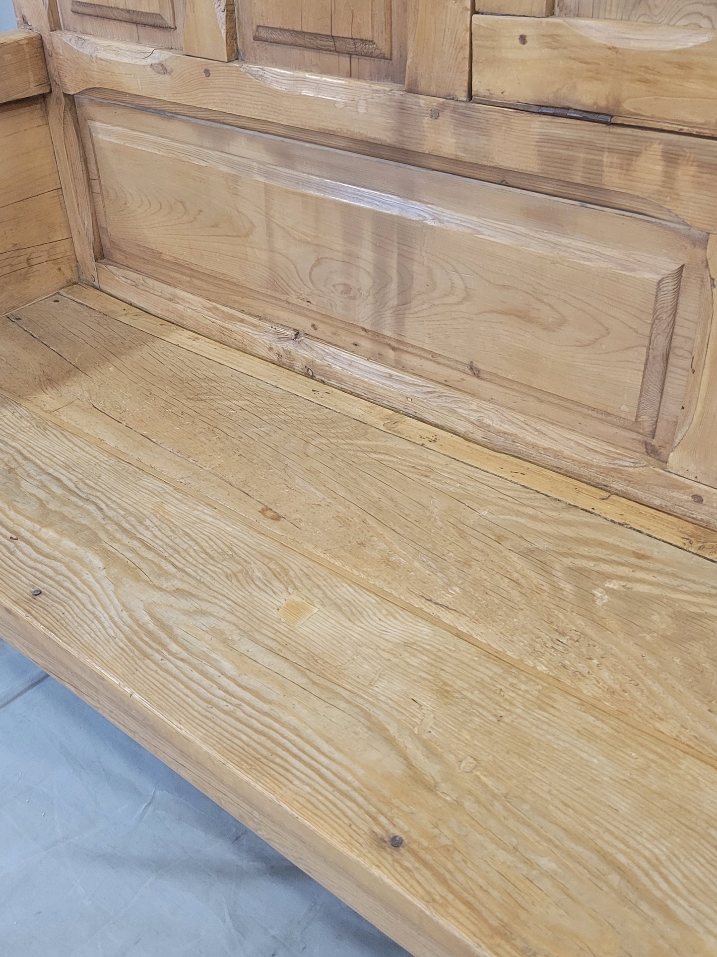 Antique Rustic Pine Long Settle Bench With Blue and White Cushion
