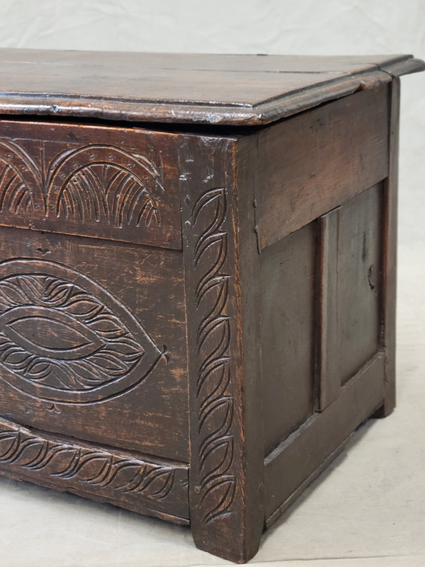 Antique 1800s English Carved Oak Coffer Storage Trunk Box