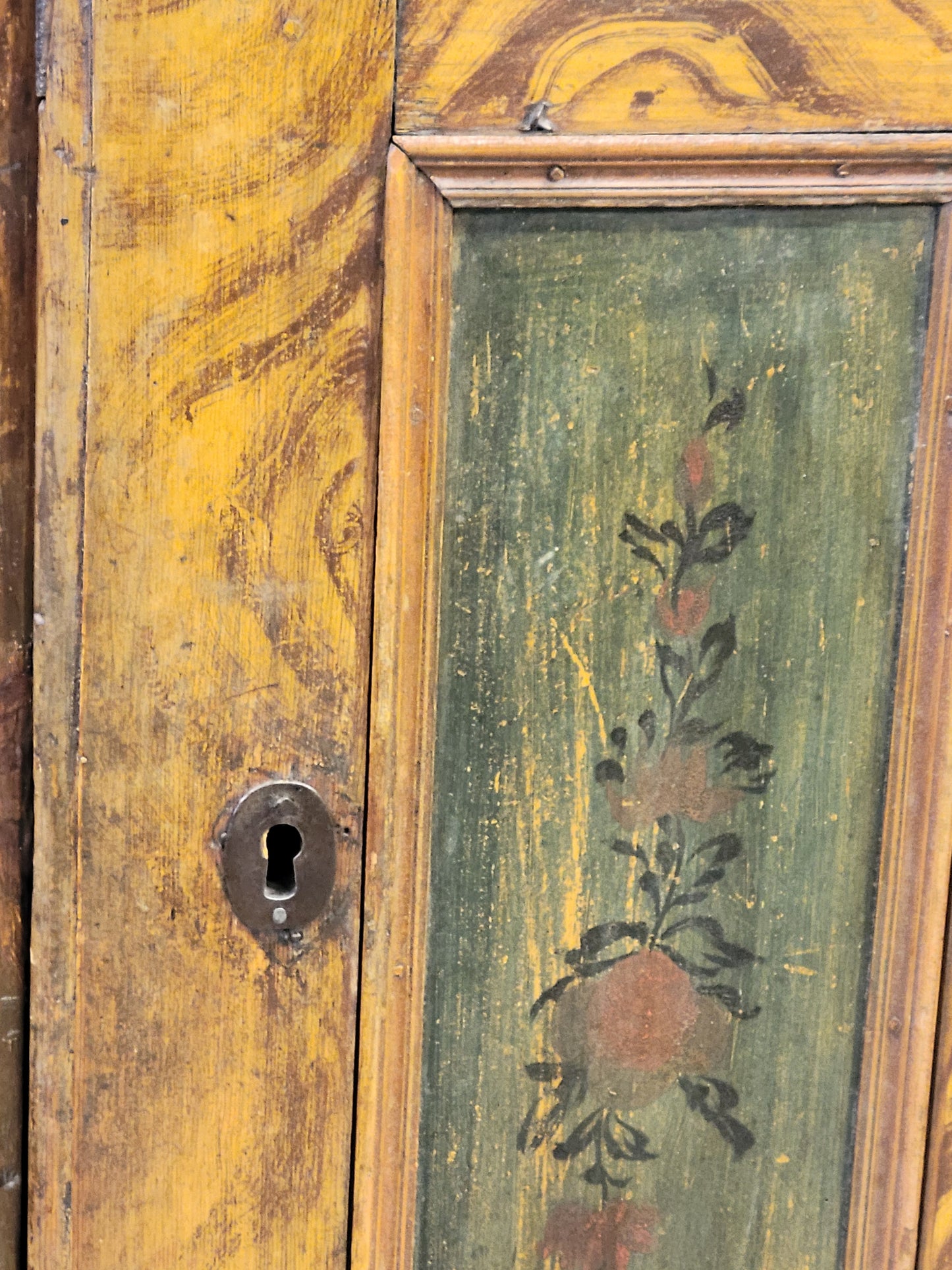 Antique 19th Century Austrian Pine Cupboard With Original Faux Bois Paint and Floral Accents