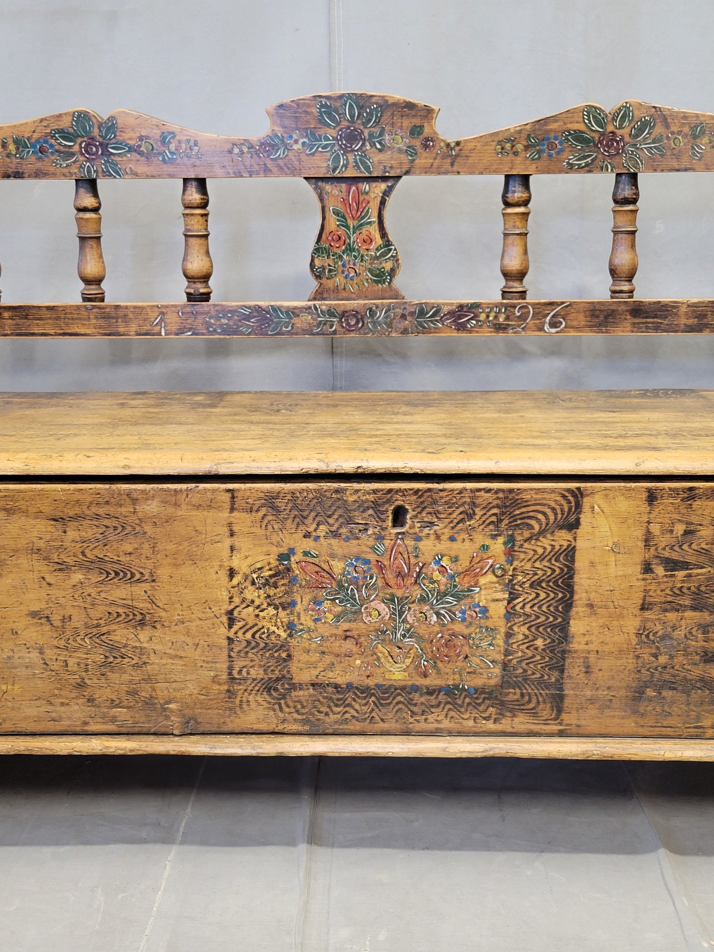 Antique 1926 Pine Eastern European Storage Bench with Original Paint