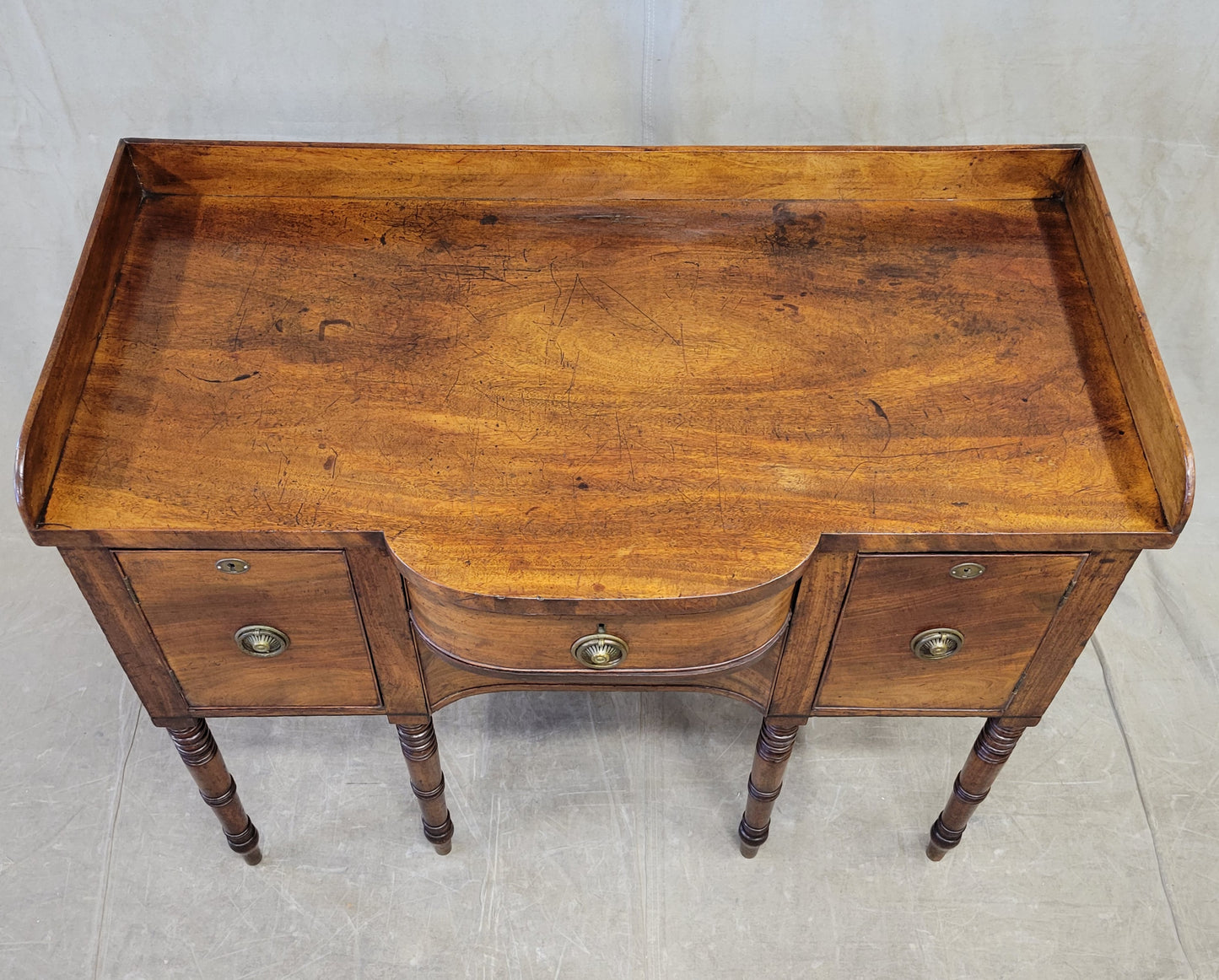 Antique English Mahogany Hepplewhite Style Bowfront Buffet With Brass Pulls