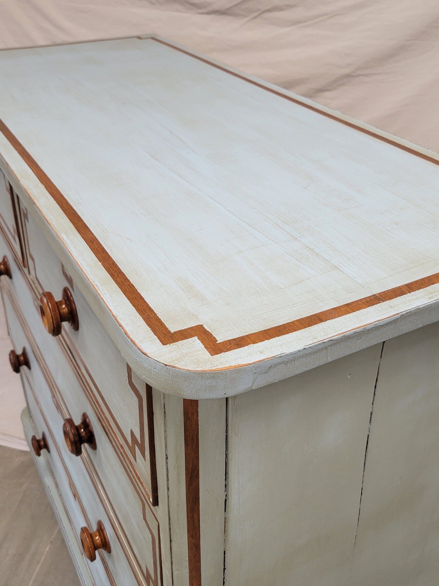 Antique English Blue Painted Dresser With Mahogany Pulls Inset With Mother-of-Pearl