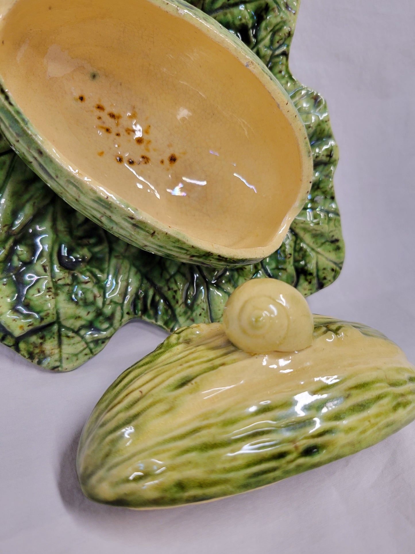 Antique Majolica Melon on Leaf Dish in the Style of Sarreguemines