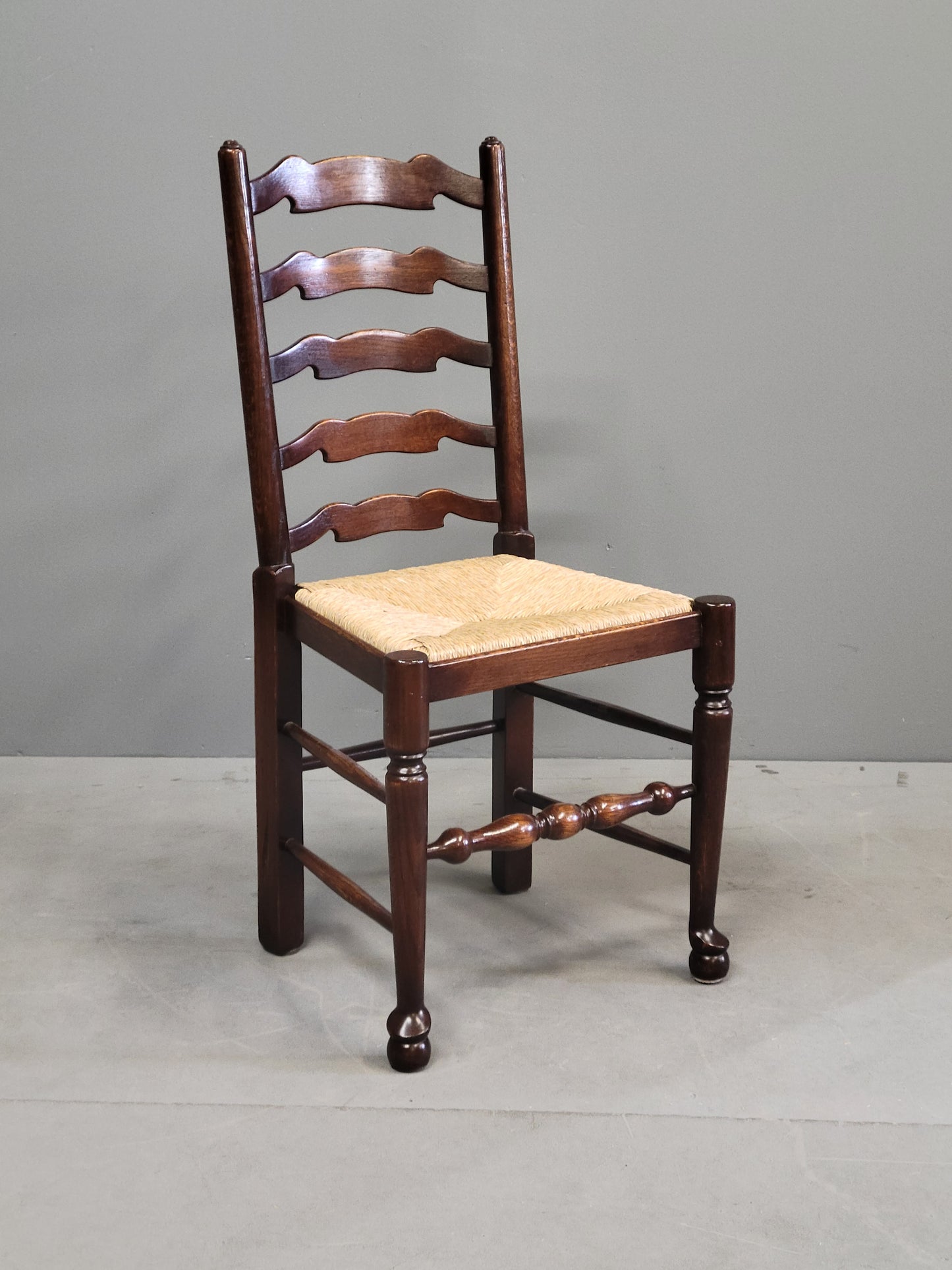 Vintage English Oak Ladderback Chairs With Rush Seats - Set of 8