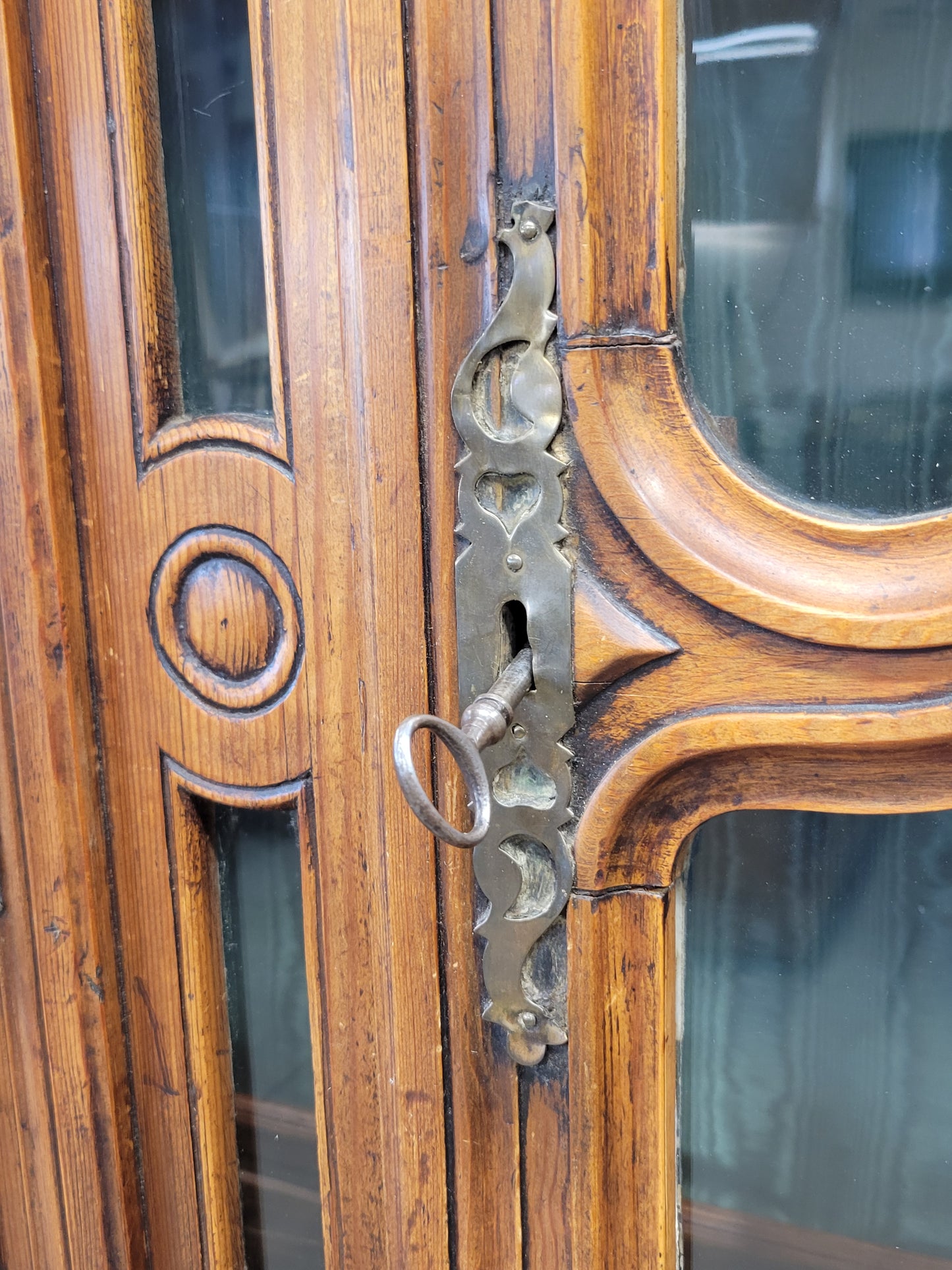 Antique French Provincial 18th c. Pine Deux Corps Pine Buffet with Glass Doors