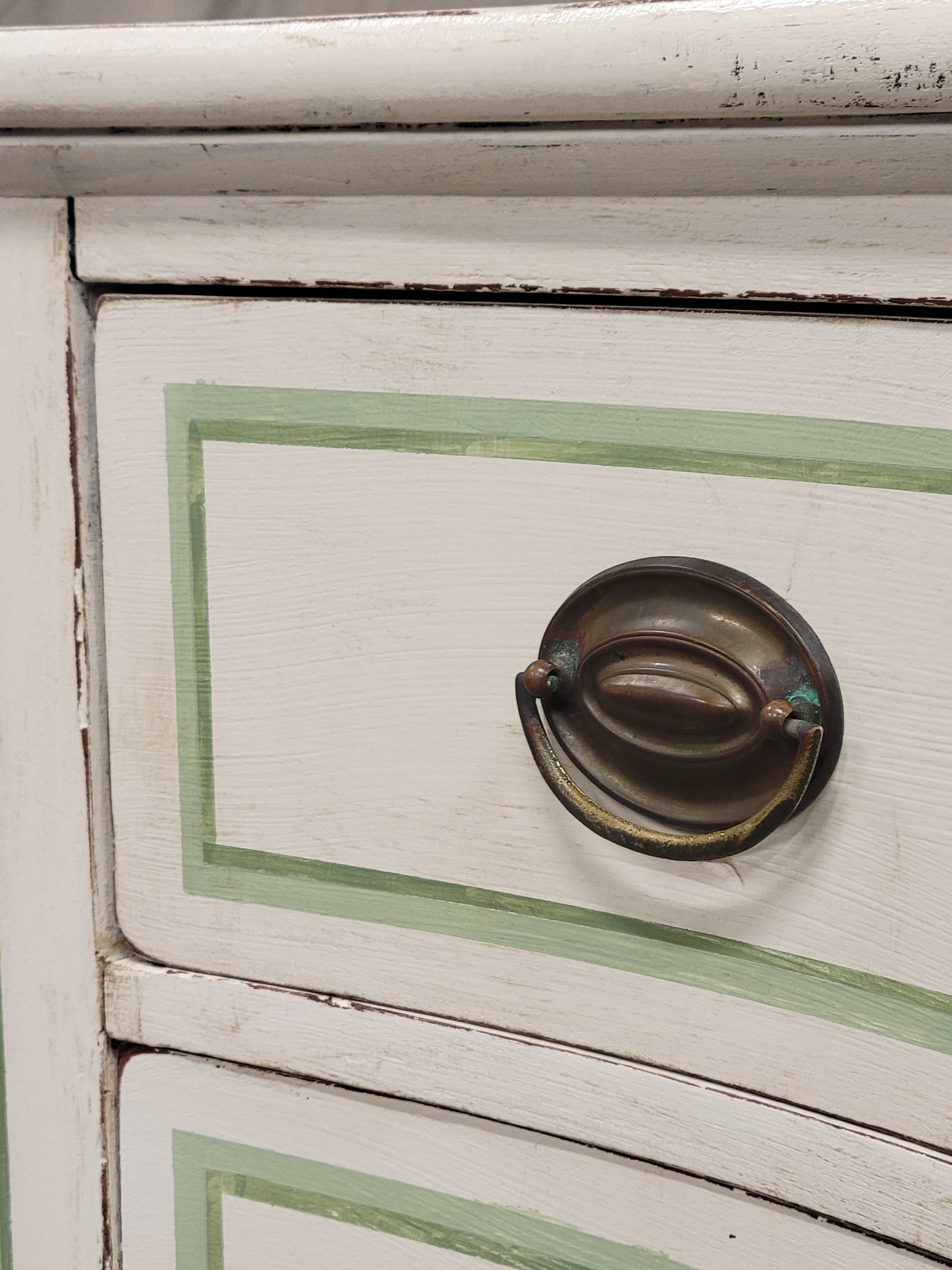 Antique Serpentine Front Dresser Painted White With Green French Line Motif