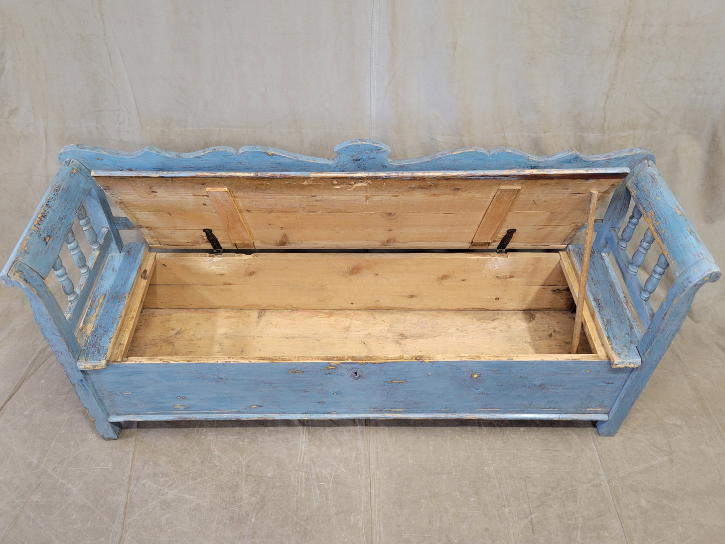 Antique Pine Hungarian Storage Bench With Old Blue Paint