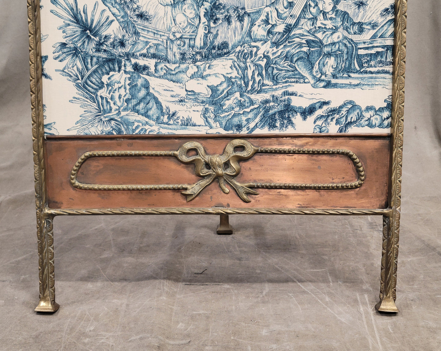 Antique 1920s Copper and Brass Firescreen With Schumacher Blue and White Asian Toile Inset