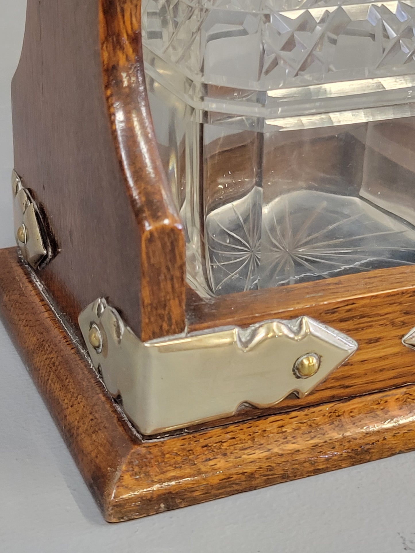 Antique Circa 1900 English Two Bottle Cut Crystal and Oak Tantalus