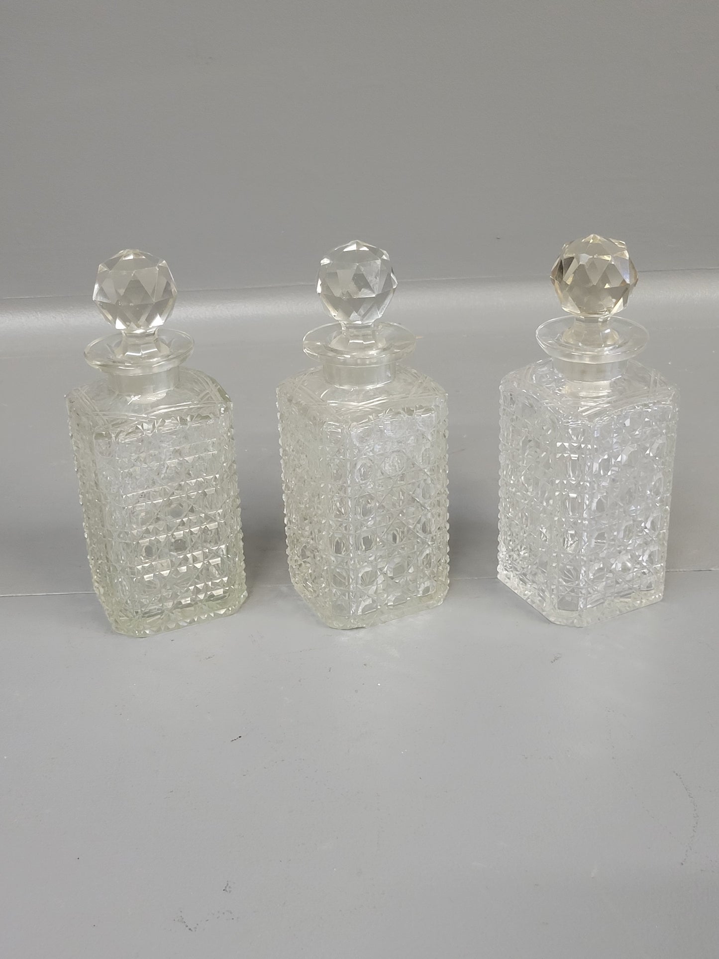 Antique Circa 1900 English Three Bottle Cut Crystal and Oak Tantalus